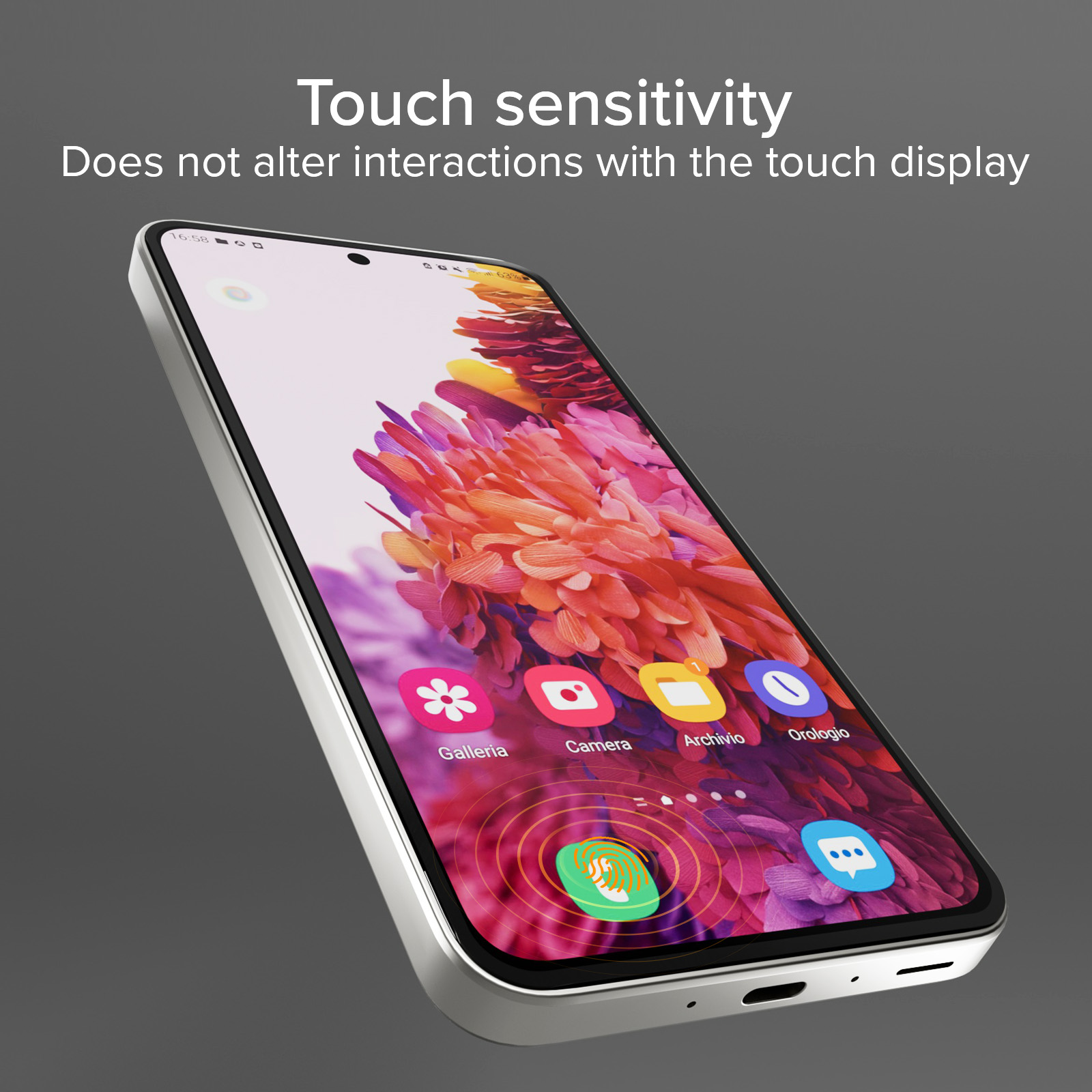 Uno smartphone con sensore di impronte digitali integrato e icone app colorate.