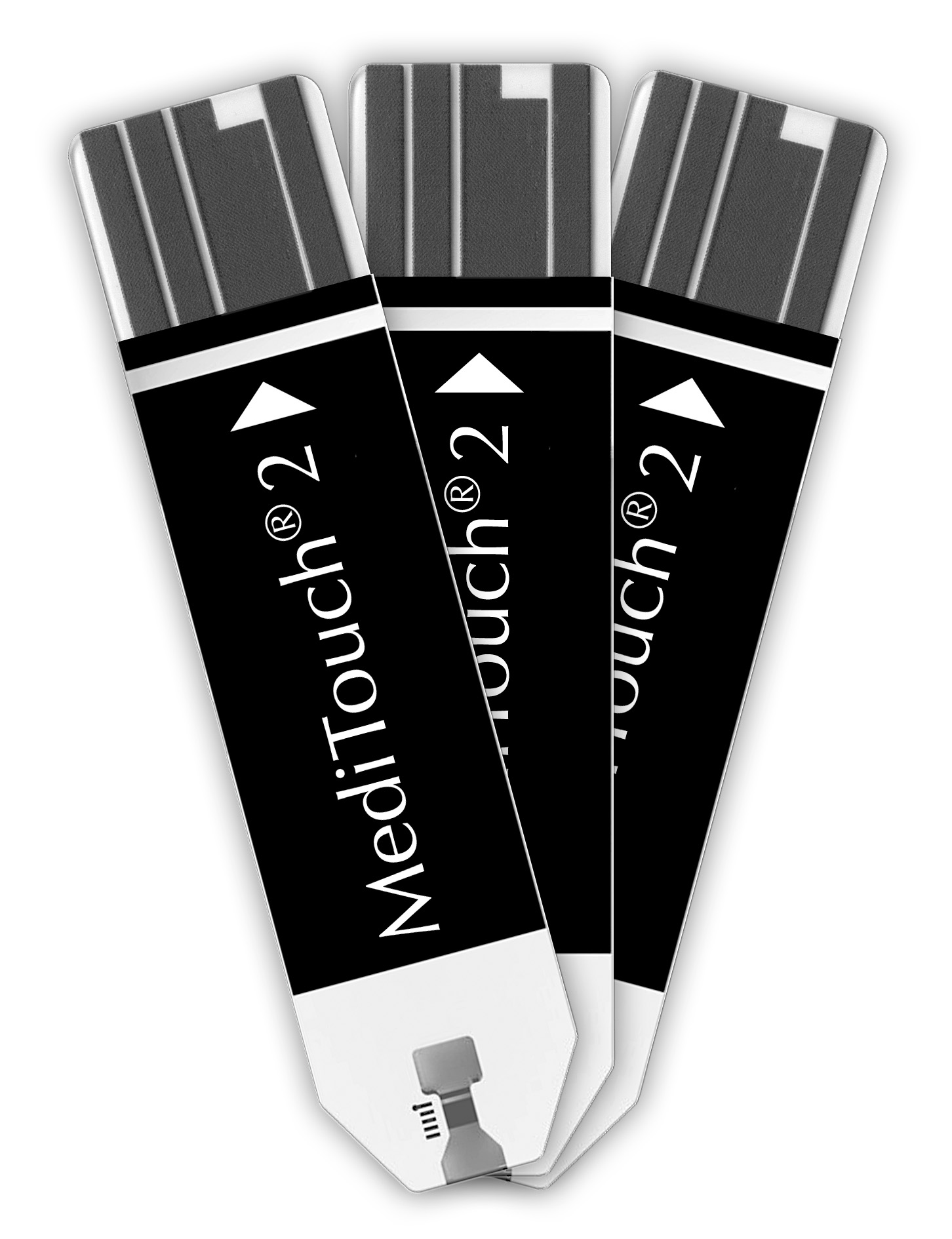Three MediTouch 2 test strips with black and gray markings.
