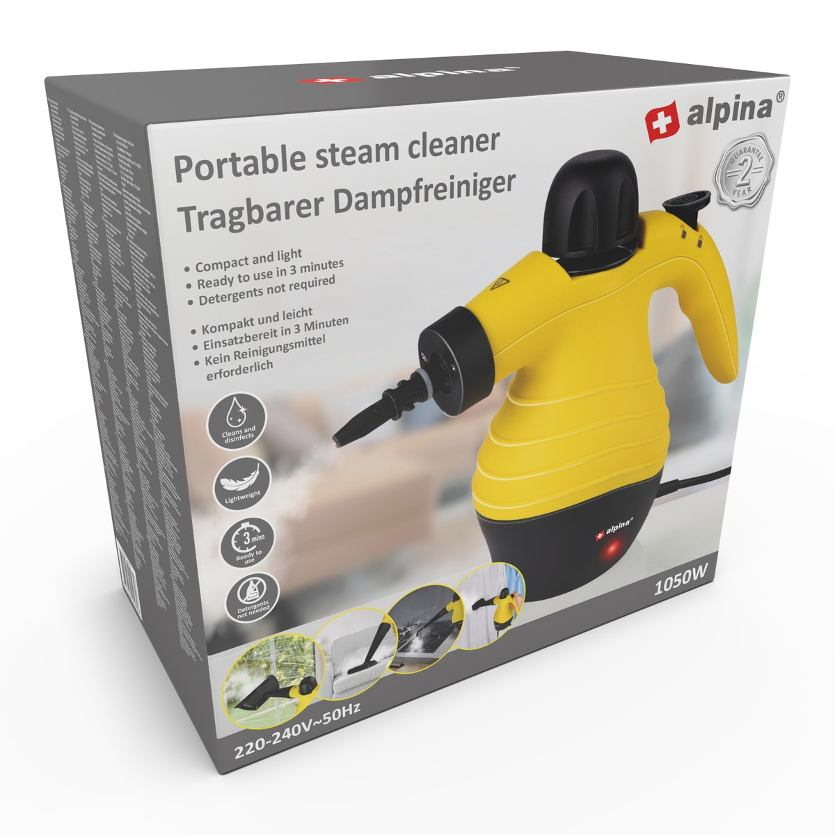 Tragbarer gelber und schwarzer Dampfreiniger auf einer Verpackung mit Produktinformationen.