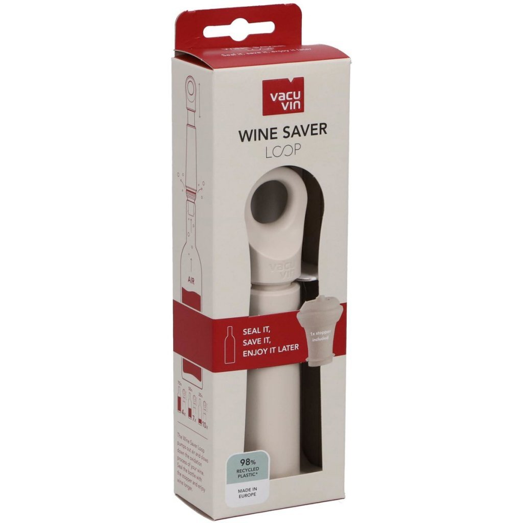 Beyaz şarap koruyucu, kutuda tıpa ile. Yazı: Vacu Vin, Wine Saver Loop.