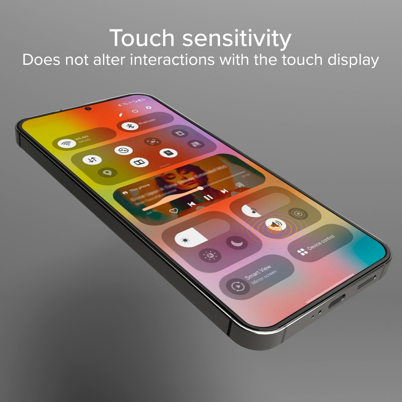 Un smartphone muestra su centro de control con iconos de Wi-Fi, Bluetooth y reproducción multimedia.