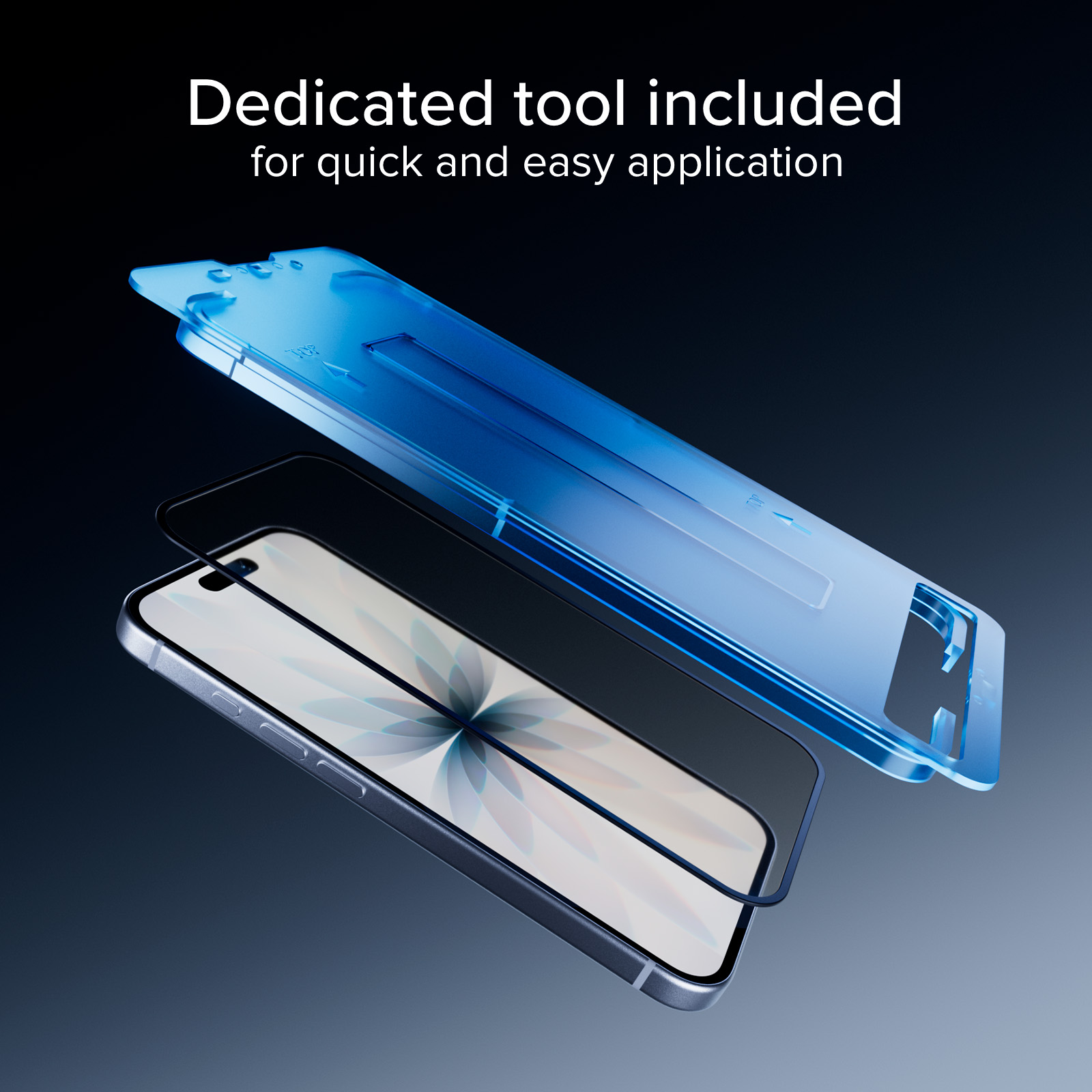 Una herramienta de plástico azul está sobre un protector de pantalla en un teléfono.