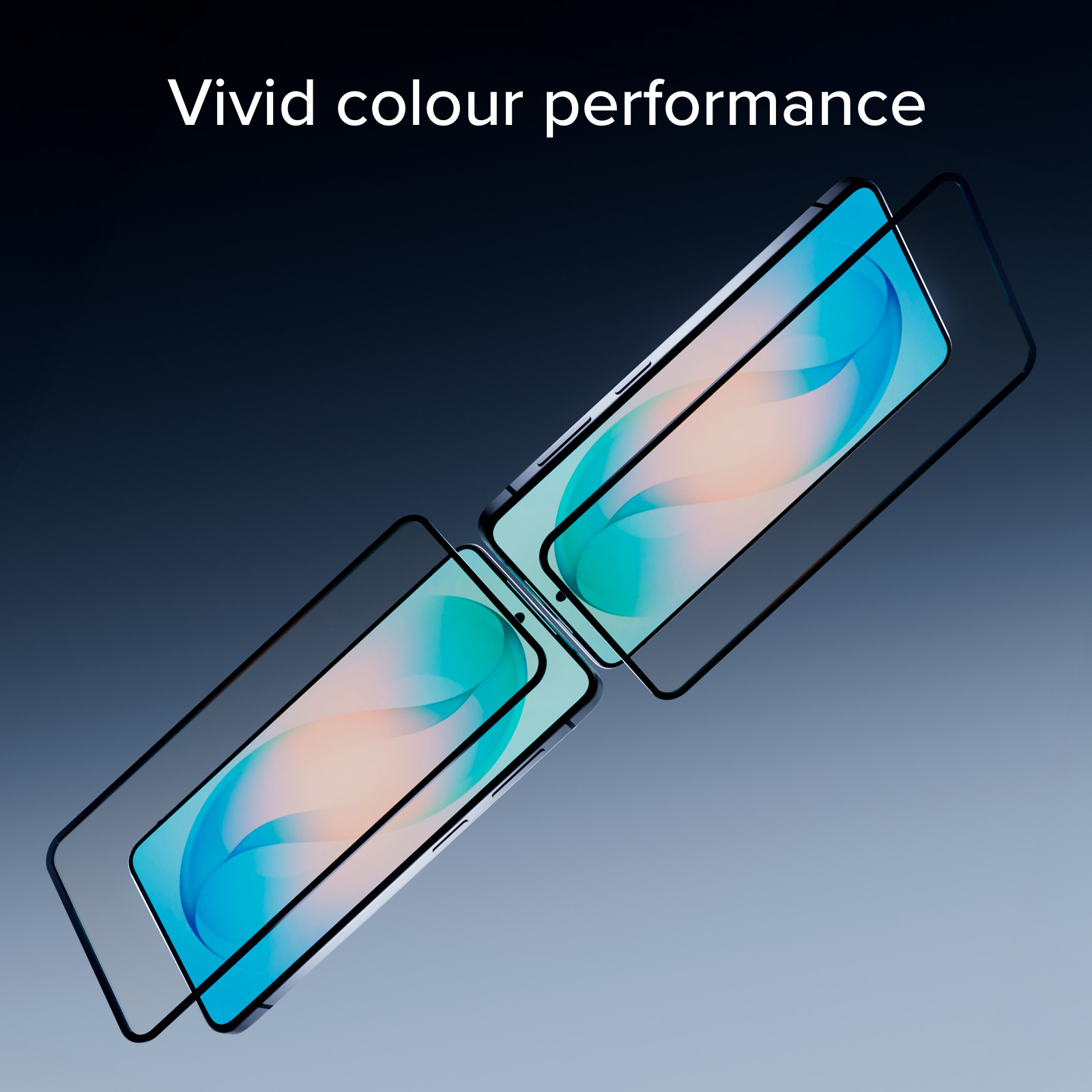 Dos smartphones con colores vibrantes en pantalla, sobre un fondo oscuro.