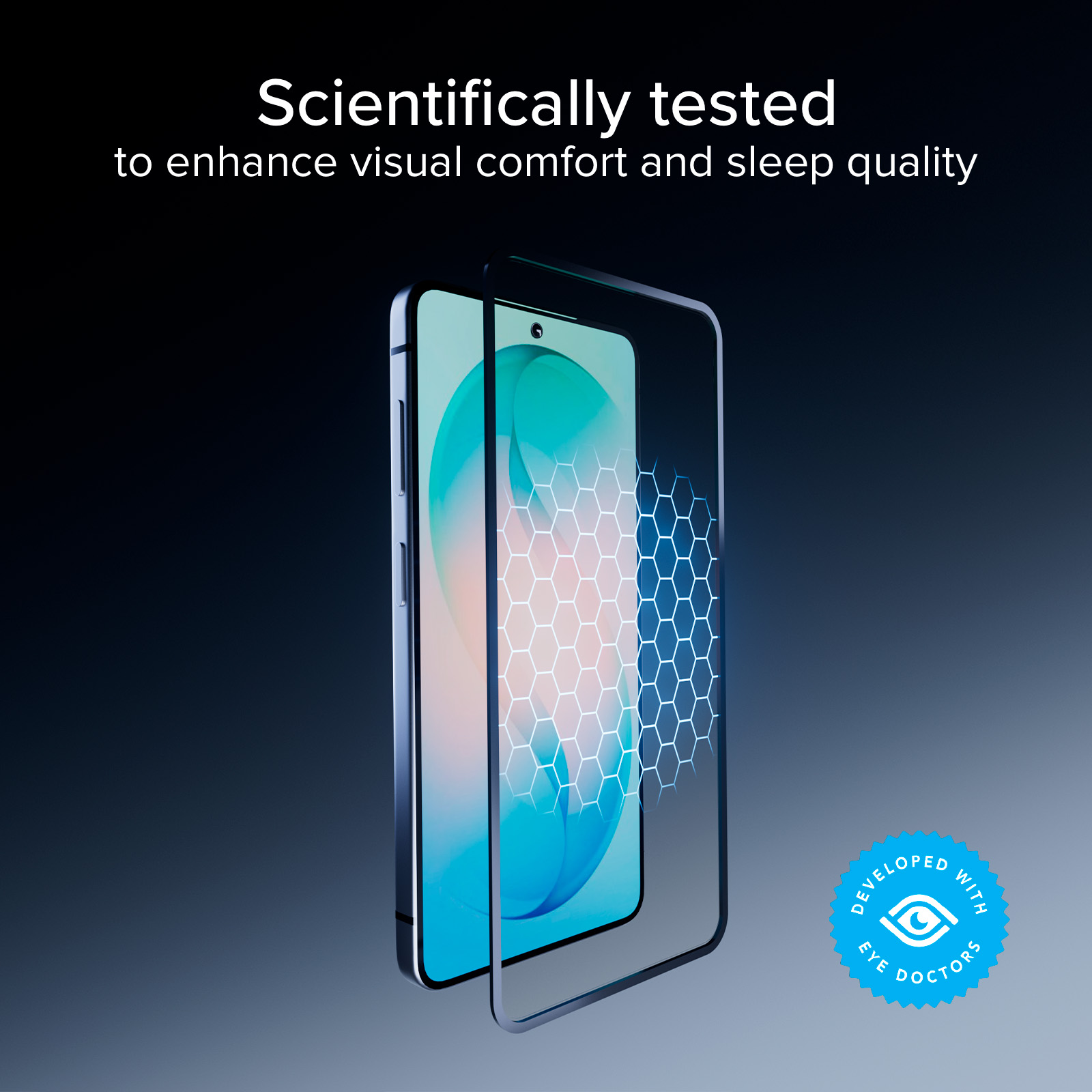 Un smartphone con protector de pantalla que muestra un patrón de red hexagonal.