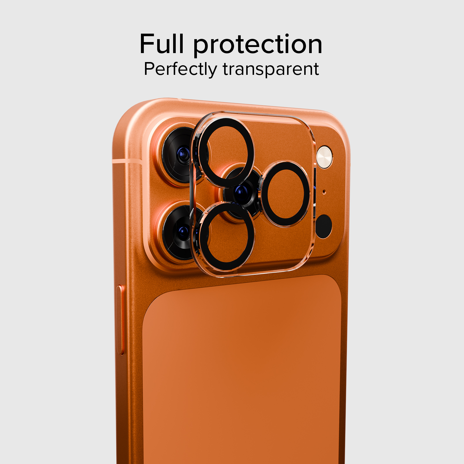 Teléfono inteligente naranja con protector de cámara transparente.