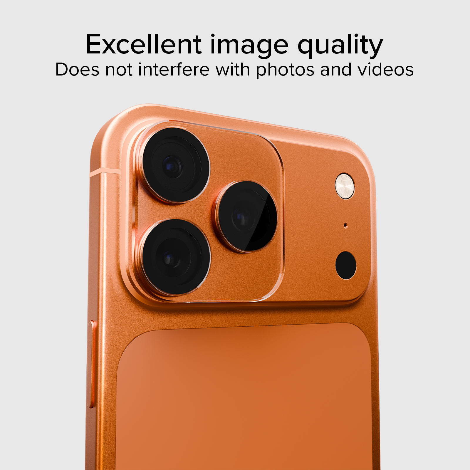 Teléfono inteligente naranja con tres cámaras y flash.