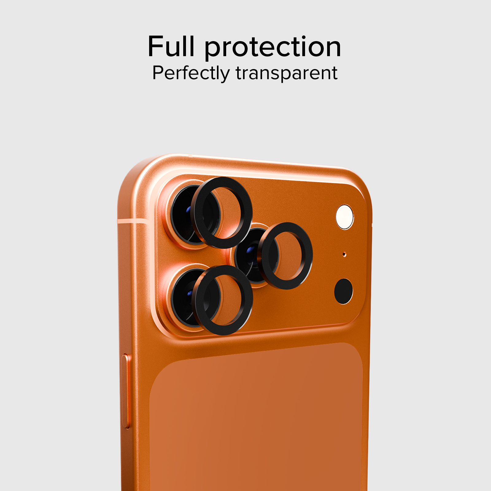 Teléfono inteligente naranja con cuatro lentes de cámara y anillos protectores.