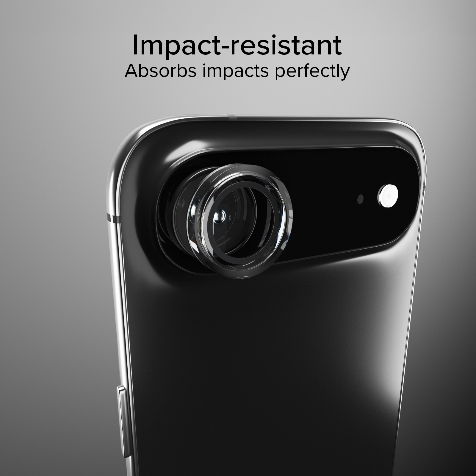 Primer plano de la parte trasera de un smartphone negro con lente de cámara.