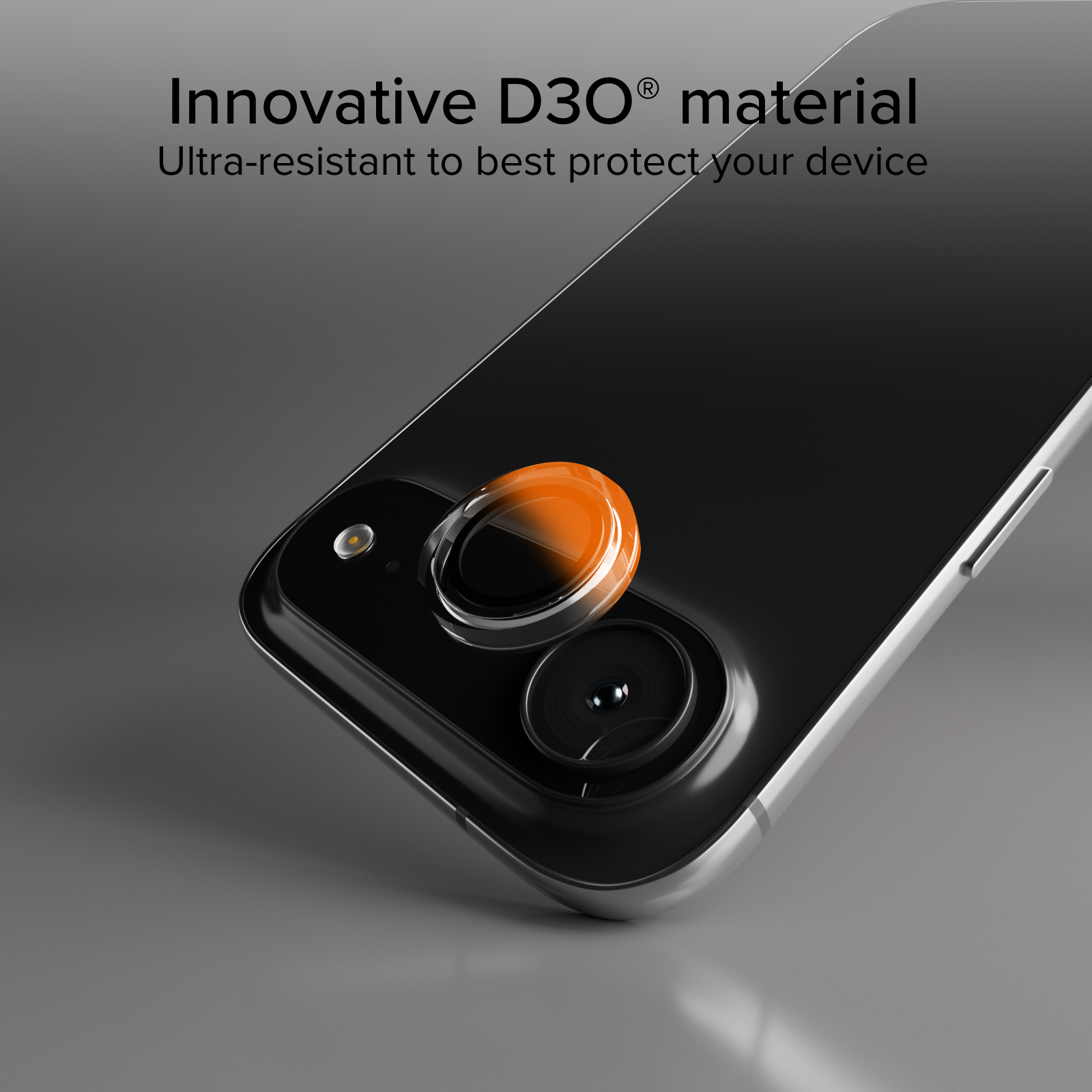 Un smartphone moderno con material D3O innovador protegiendo la lente de la cámara.
