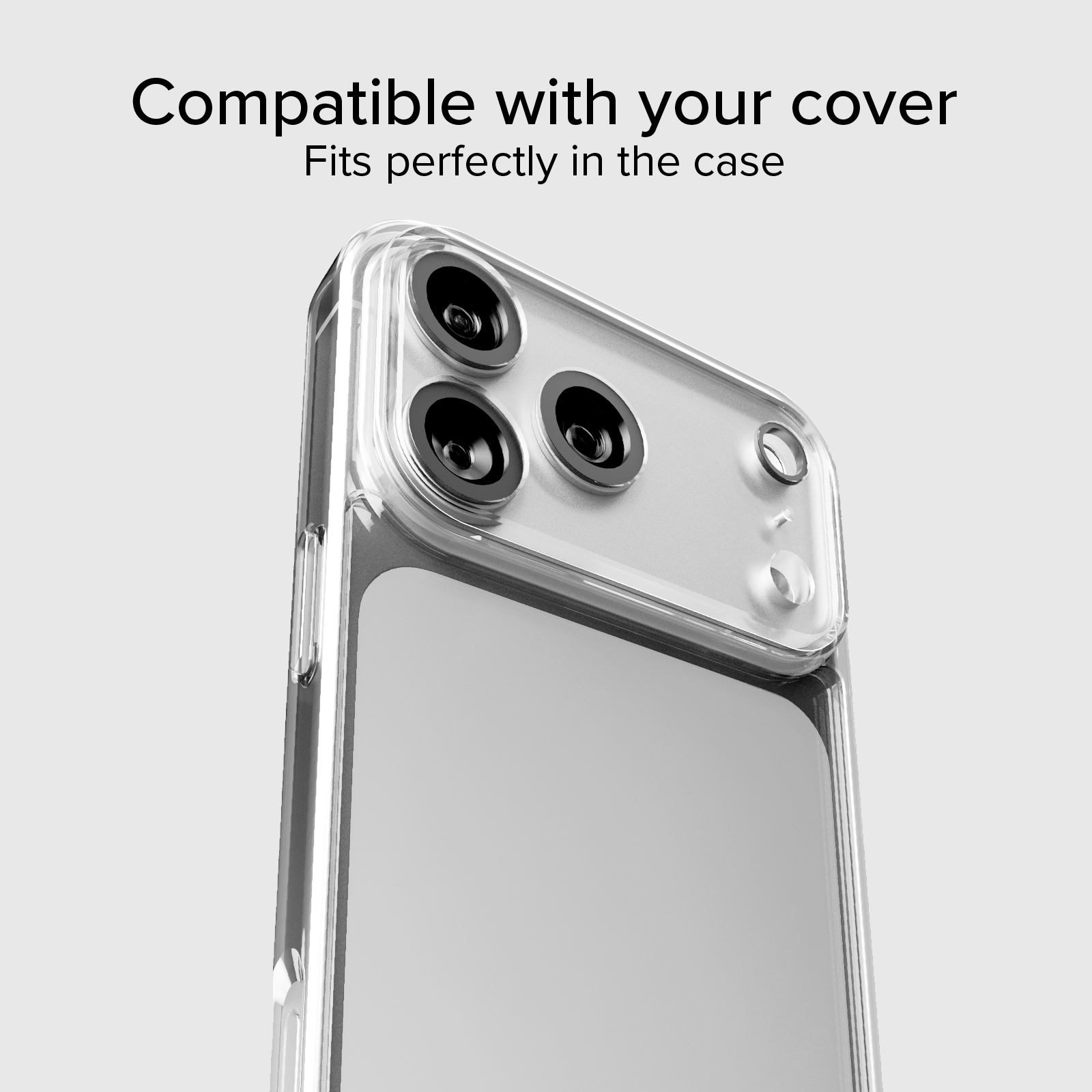 Funda transparente para teléfono con triple lente de cámara, fondo gris.