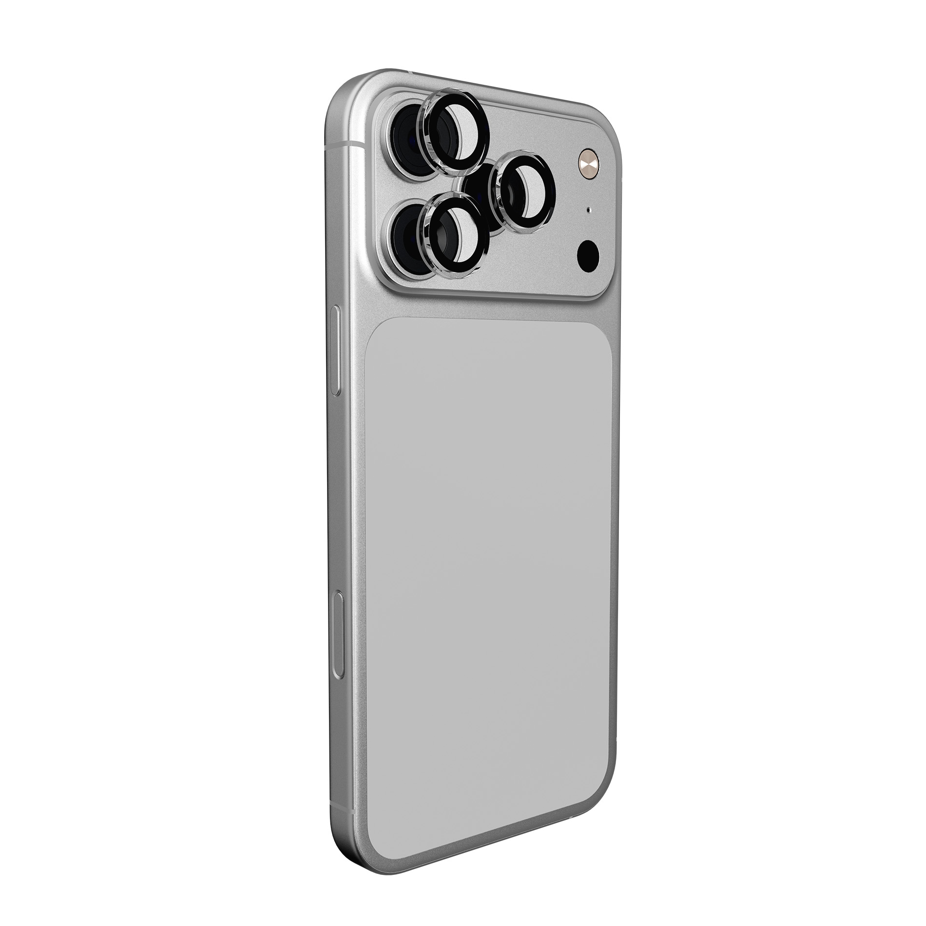 Teléfono inteligente plateado con cuatro lentes de cámara en la parte trasera superior izquierda.