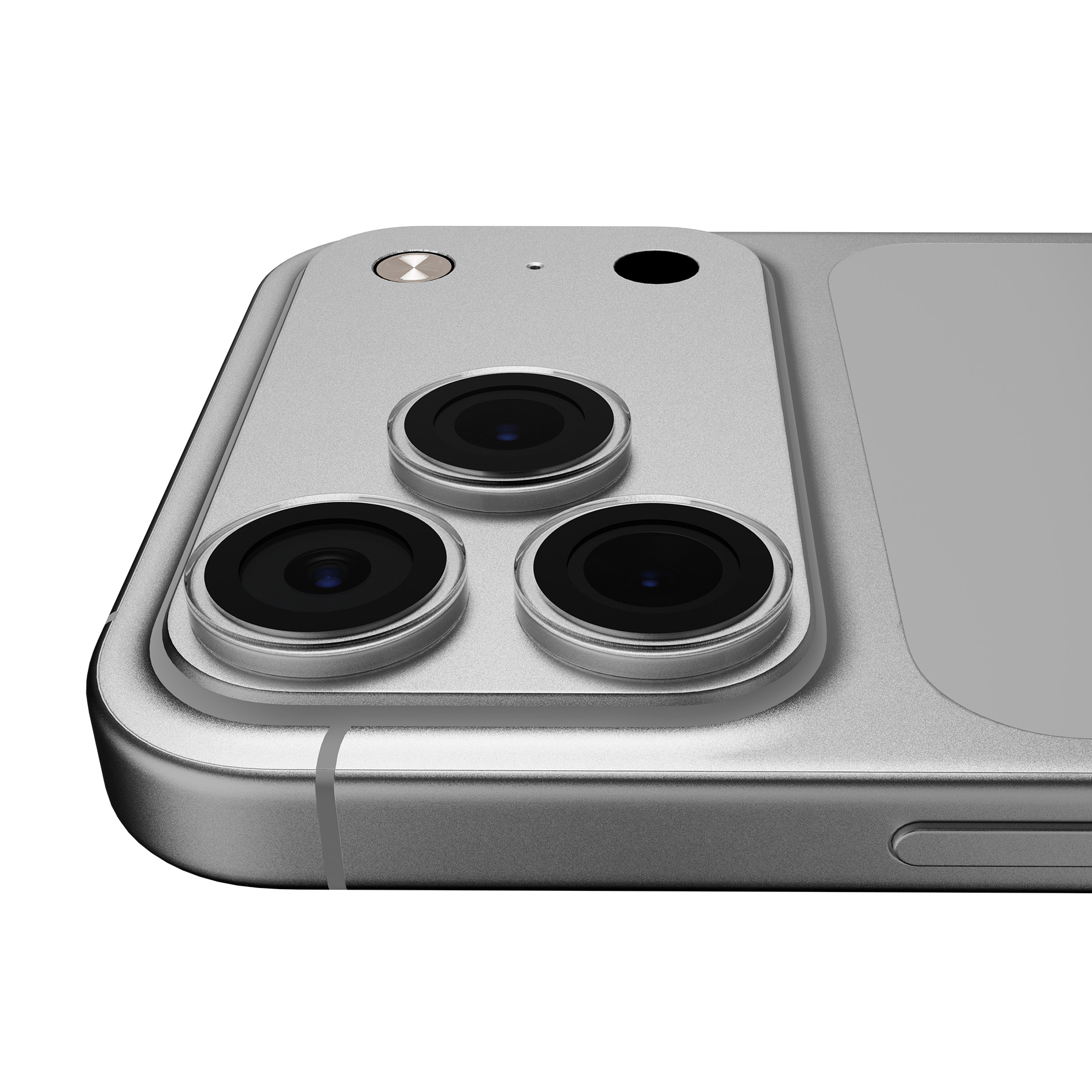 Primer plano de un smartphone plateado con tres cámaras y flash.