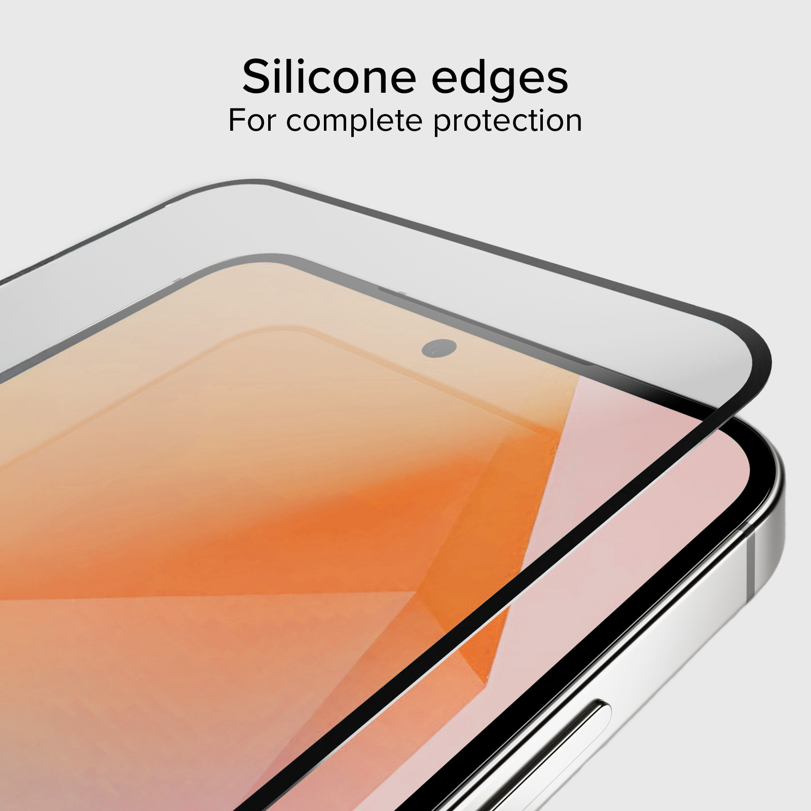 Un protector de pantalla con bordes negros se aplica a un smartphone con fondo naranja.
