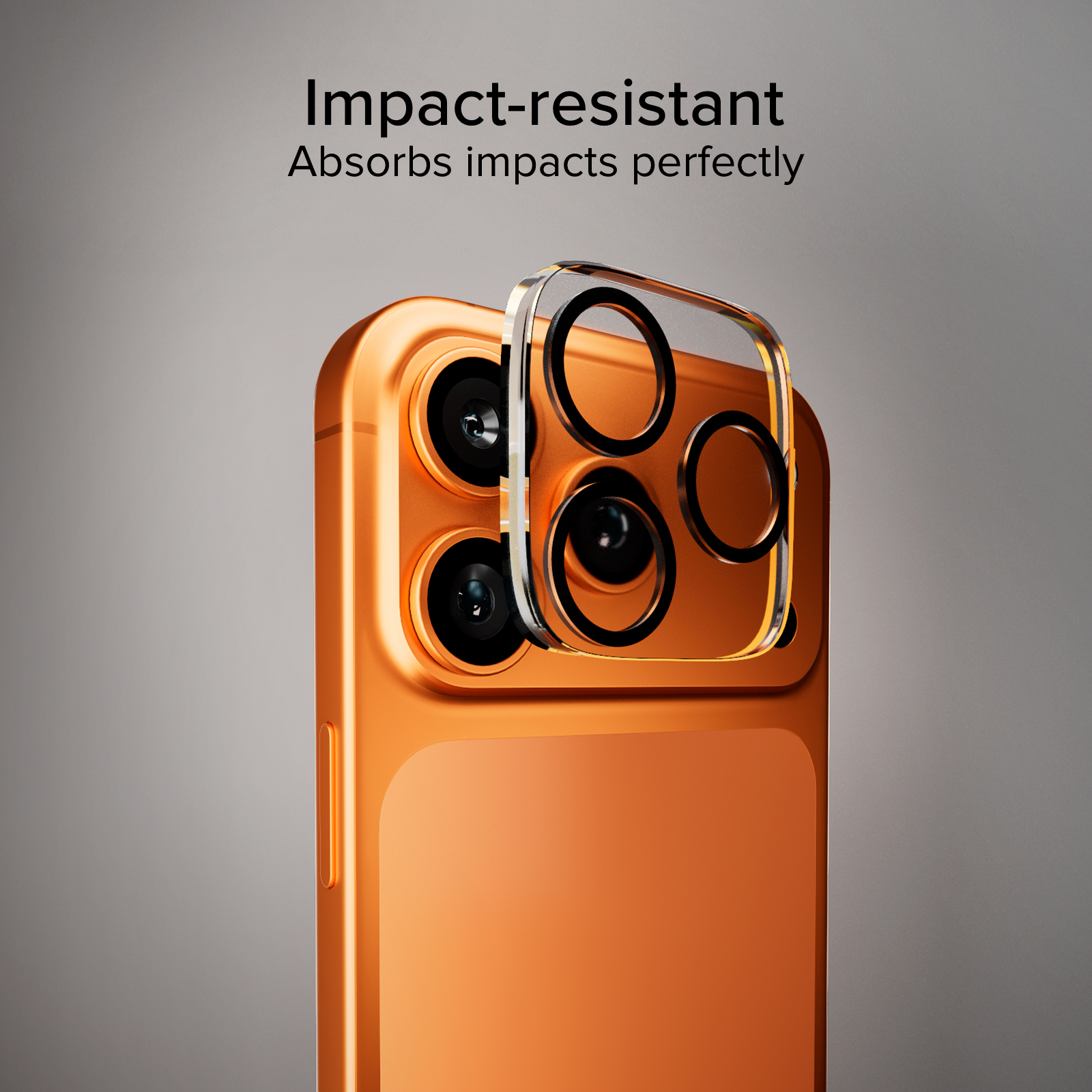 Smartphone naranja con tres cámaras y protector de lente transparente.