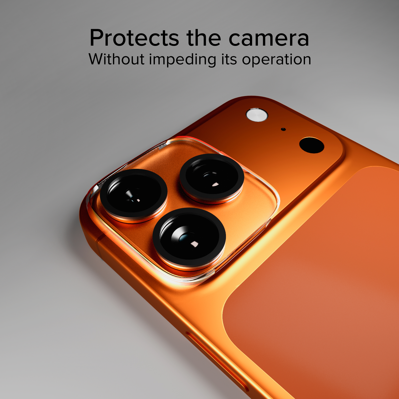 Teléfono inteligente naranja con tres lentes de cámara y flash.