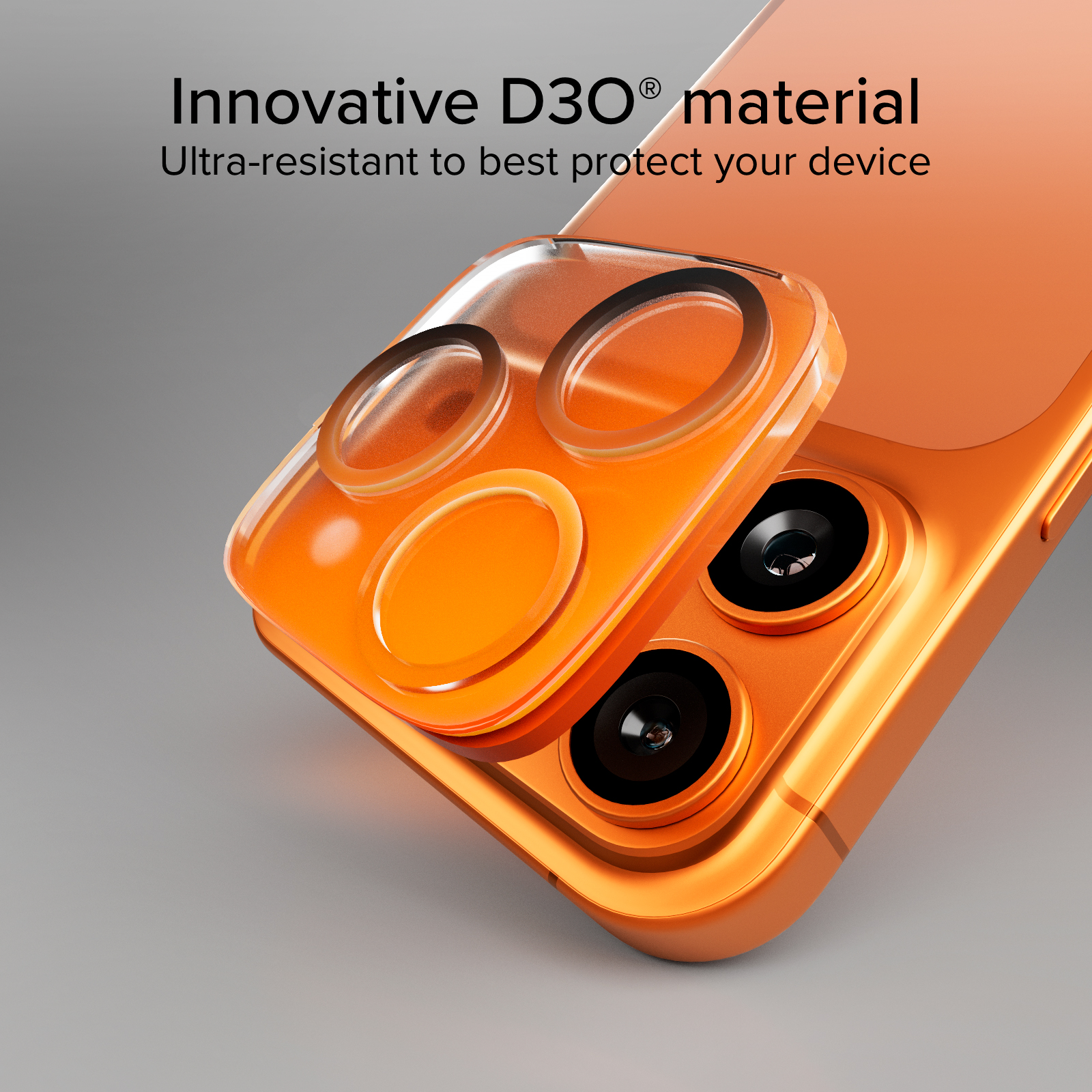 Un protector de lente de cámara de smartphone naranja sobre fondo gris.