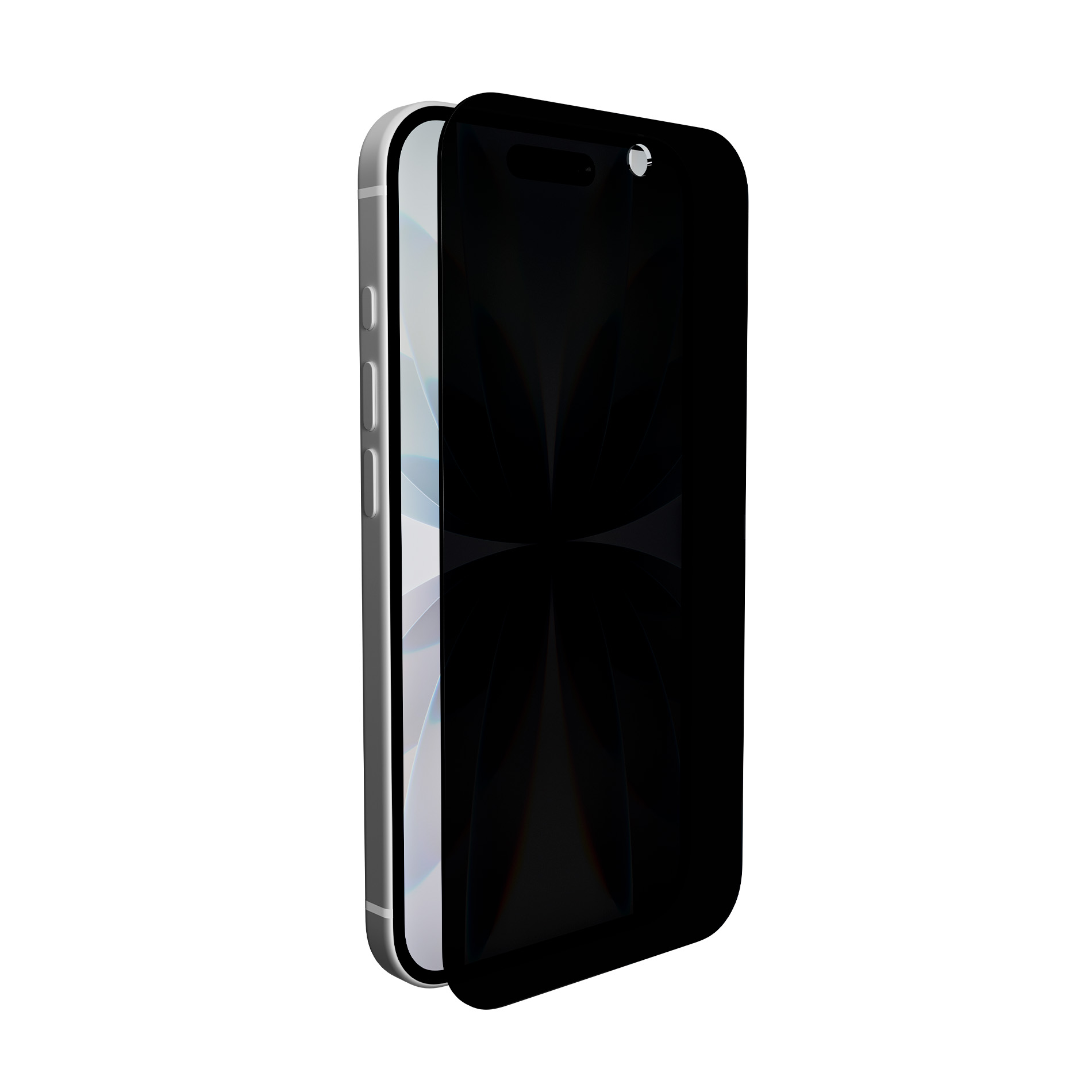 Un protector de pantalla negro en un smartphone plateado.