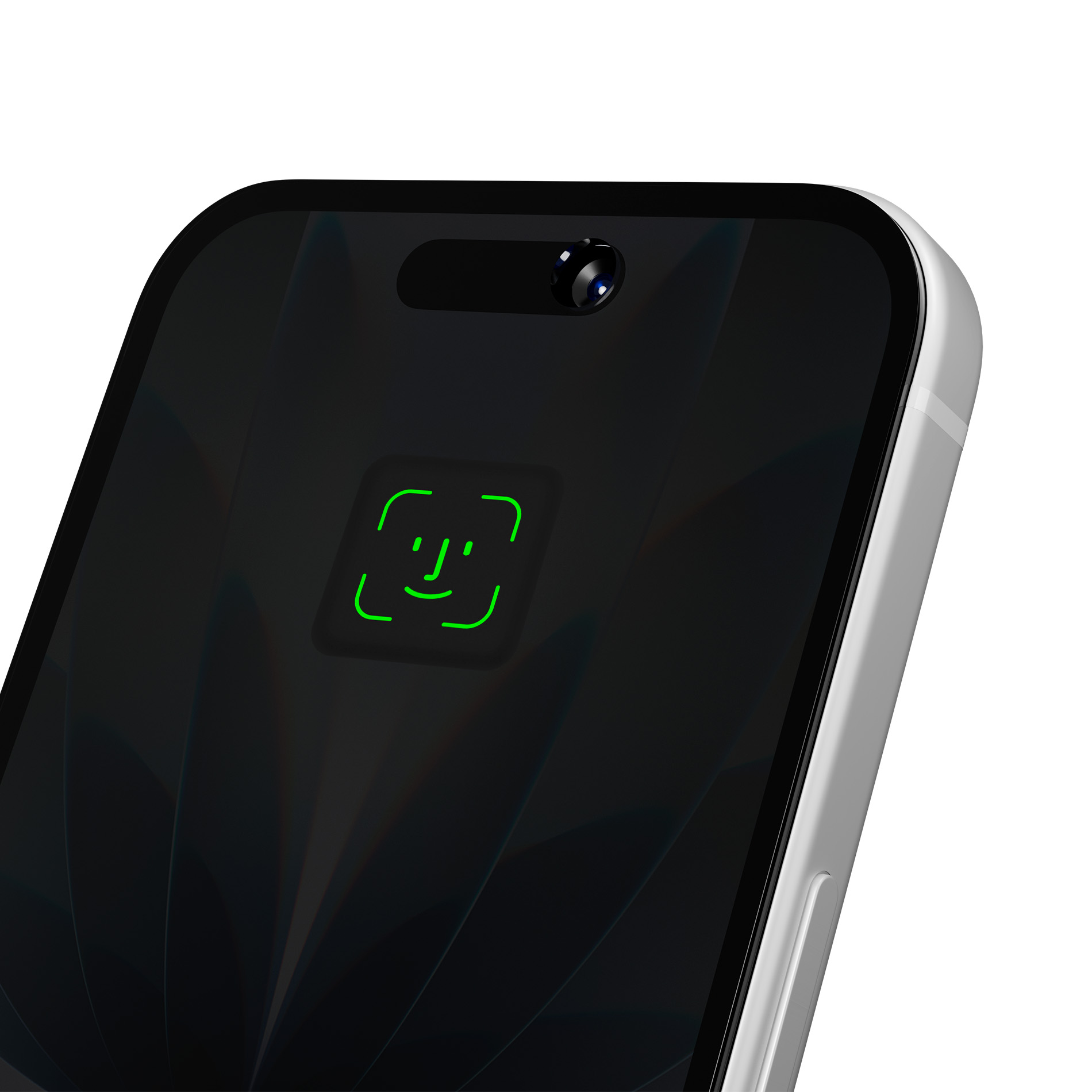 Un smartphone que muestra el icono de Face ID en su pantalla oscura.