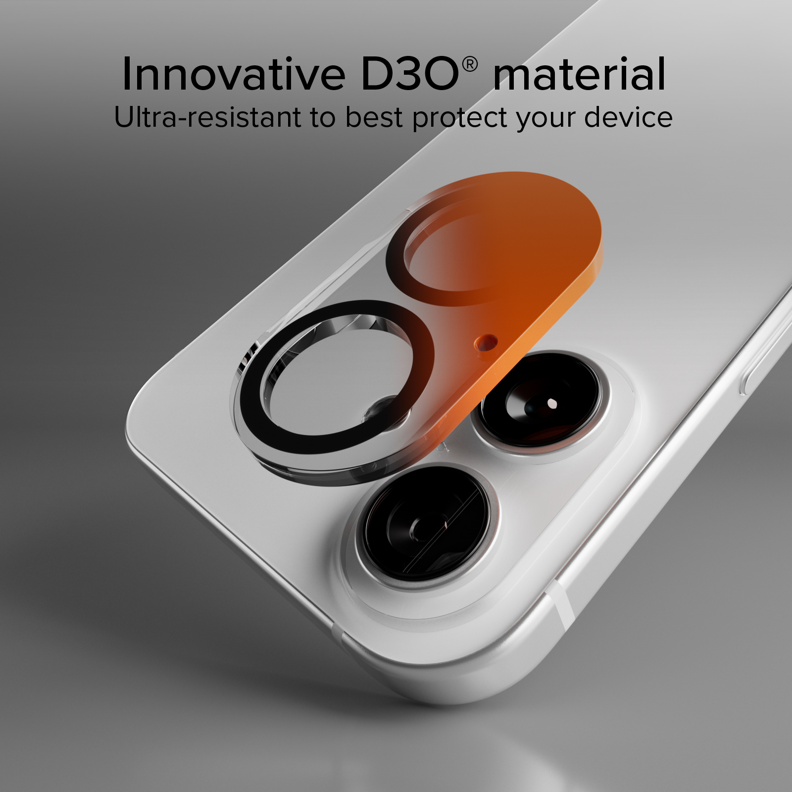 Primer plano de la parte trasera de un smartphone blanco con doble cámara e inserto de material D3O naranja.