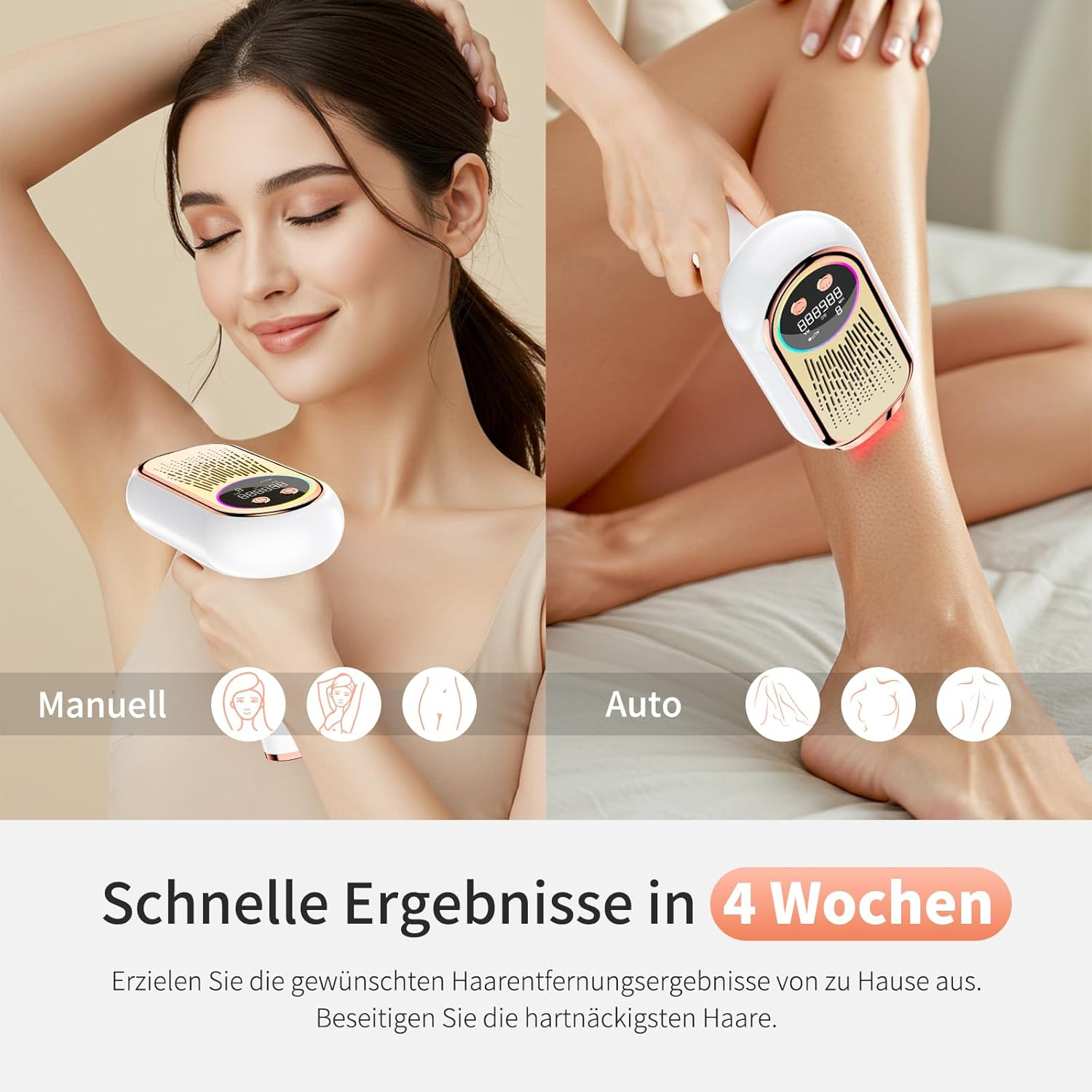 Frau mit Haarentfernungsgerät am Arm und Bein. Text: Schnelle Ergebnisse in 4 Wochen.