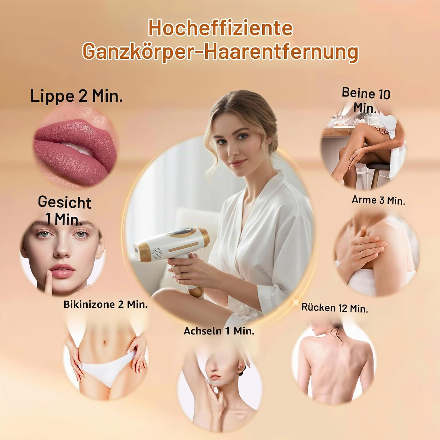 Frau hält IPL-Gerät. Collage zeigt Lippen, Gesicht, Bikini, Achseln, Arme, Rücken, Beine.