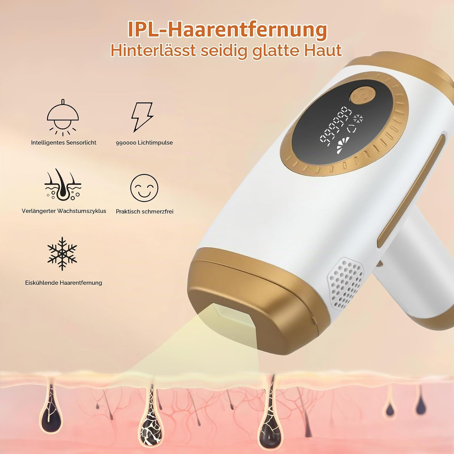 IPL-Haarentfernungsgerät mit Hautschichten-Darstellung und Symbolen für Funktionen.
