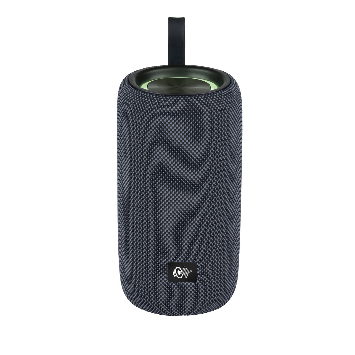 Dark gray cylindrical speaker with a handle and a glowing ring on top.