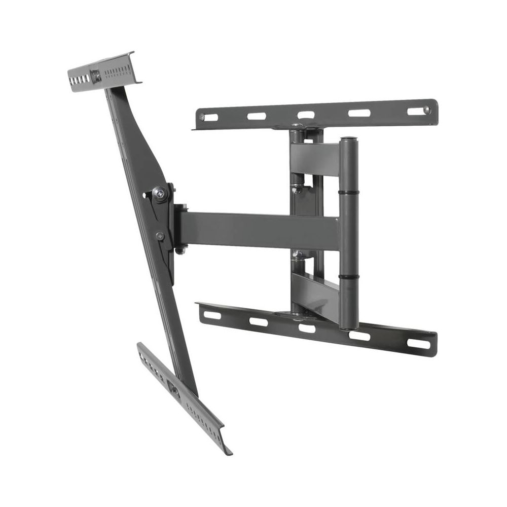 Un supporto da parete TV articolato grigio scuro con bracci regolabili e staffe di montaggio.