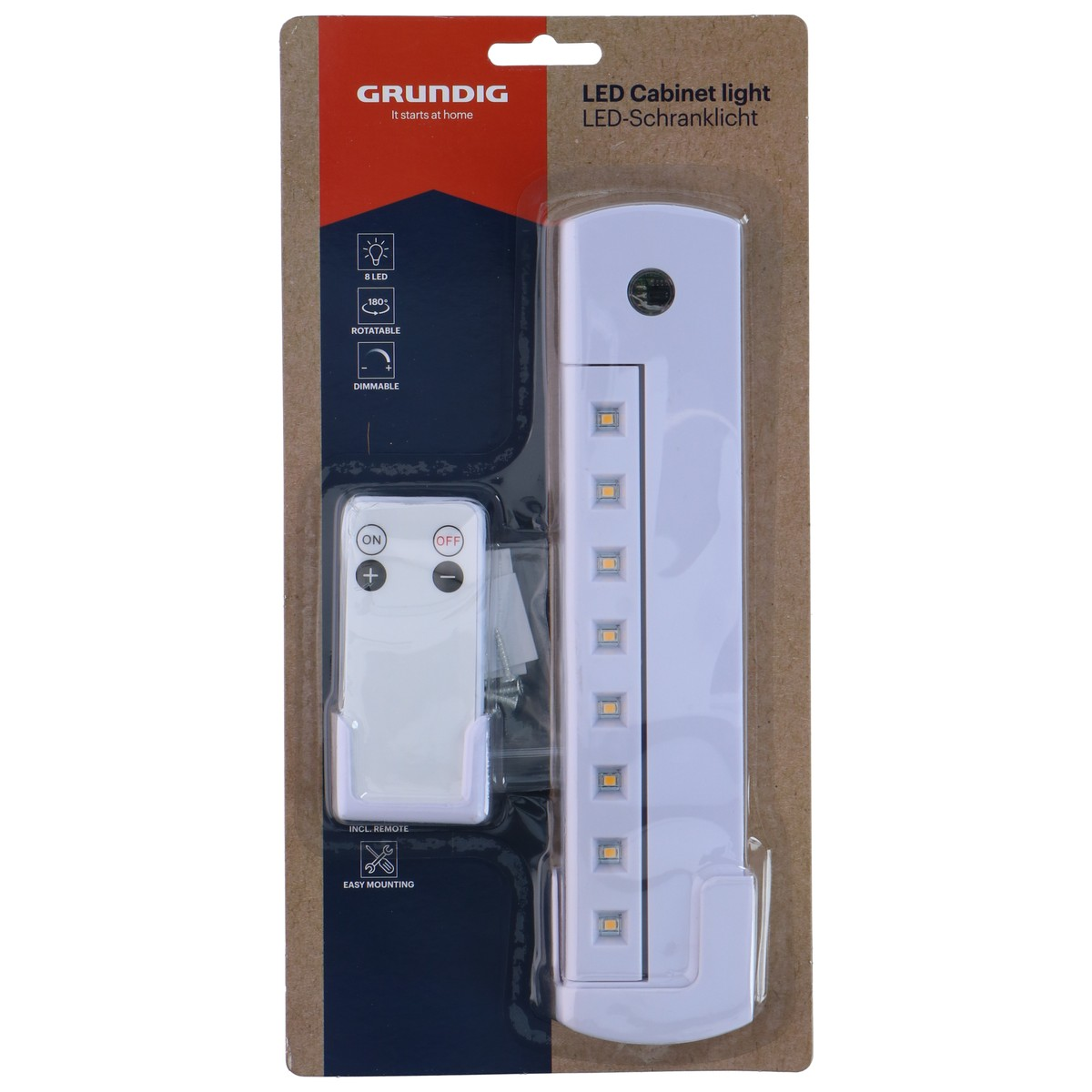 Verpackung eines weißen LED-Schranklichts mit Fernbedienung und Montagematerial.