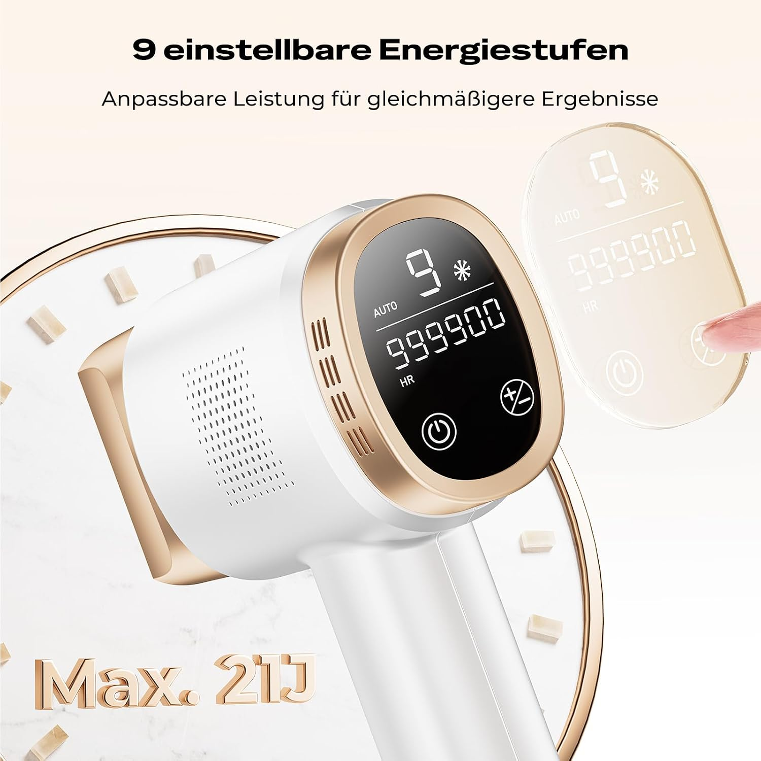 Ein weißes IPL-Haarentfernungsgerät mit goldener Umrandung und einem Display.