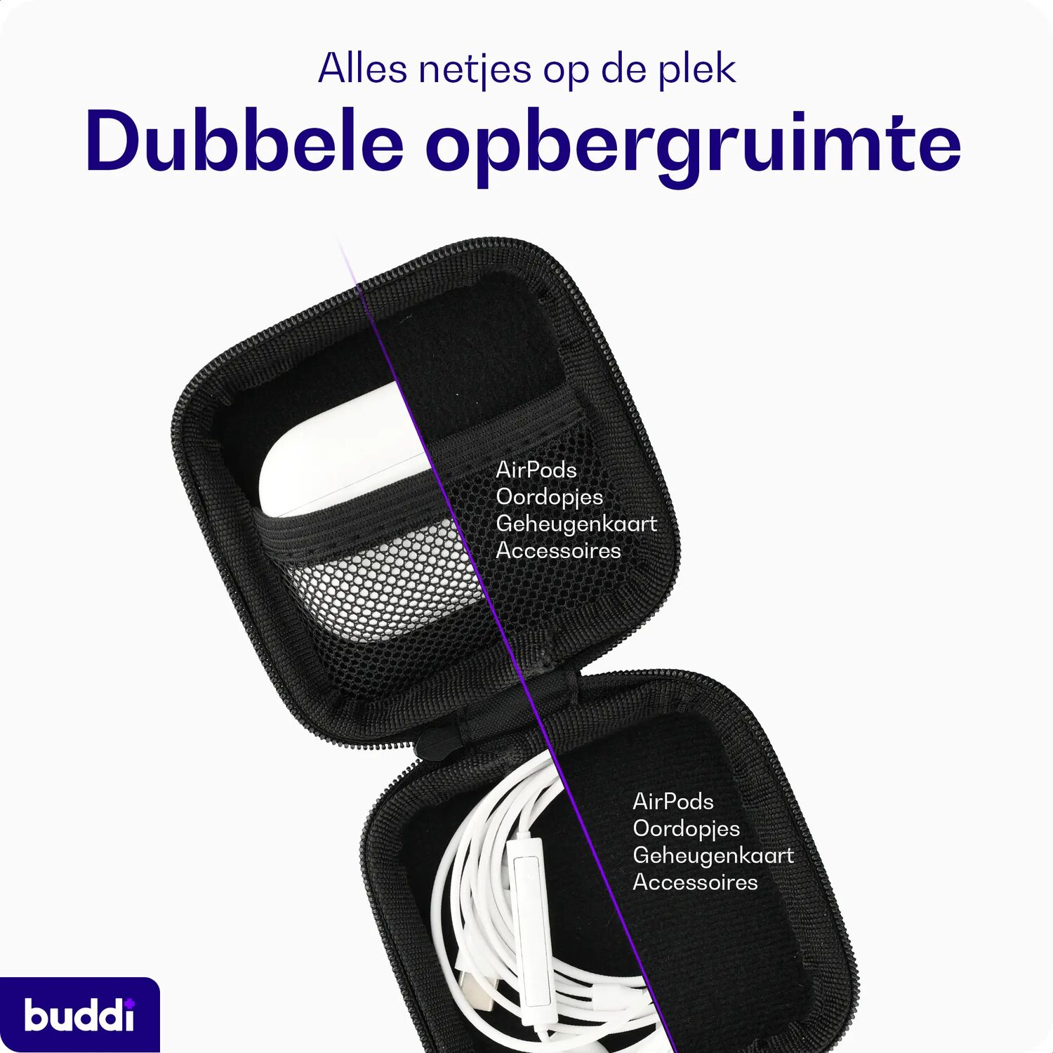 Zwarte tas boven en onder verdeeld, met AirPods en kabels.