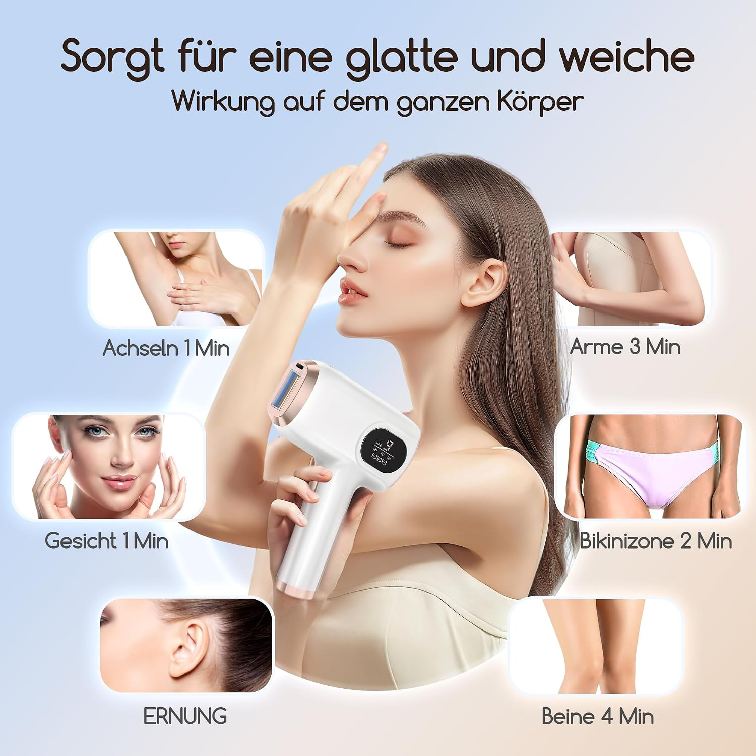 Eine Frau hält einen Haarentferner, mit inset-Bildern von Körperteilen und Anwendungszeiten.