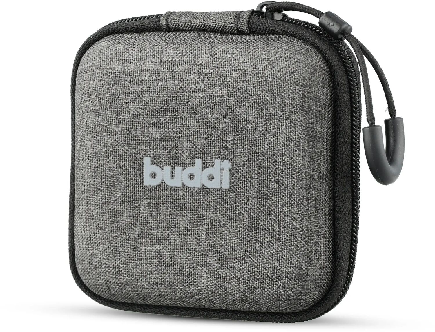 Grijze stoffen etui met rits en koordtrekker. Logo op de voorkant.