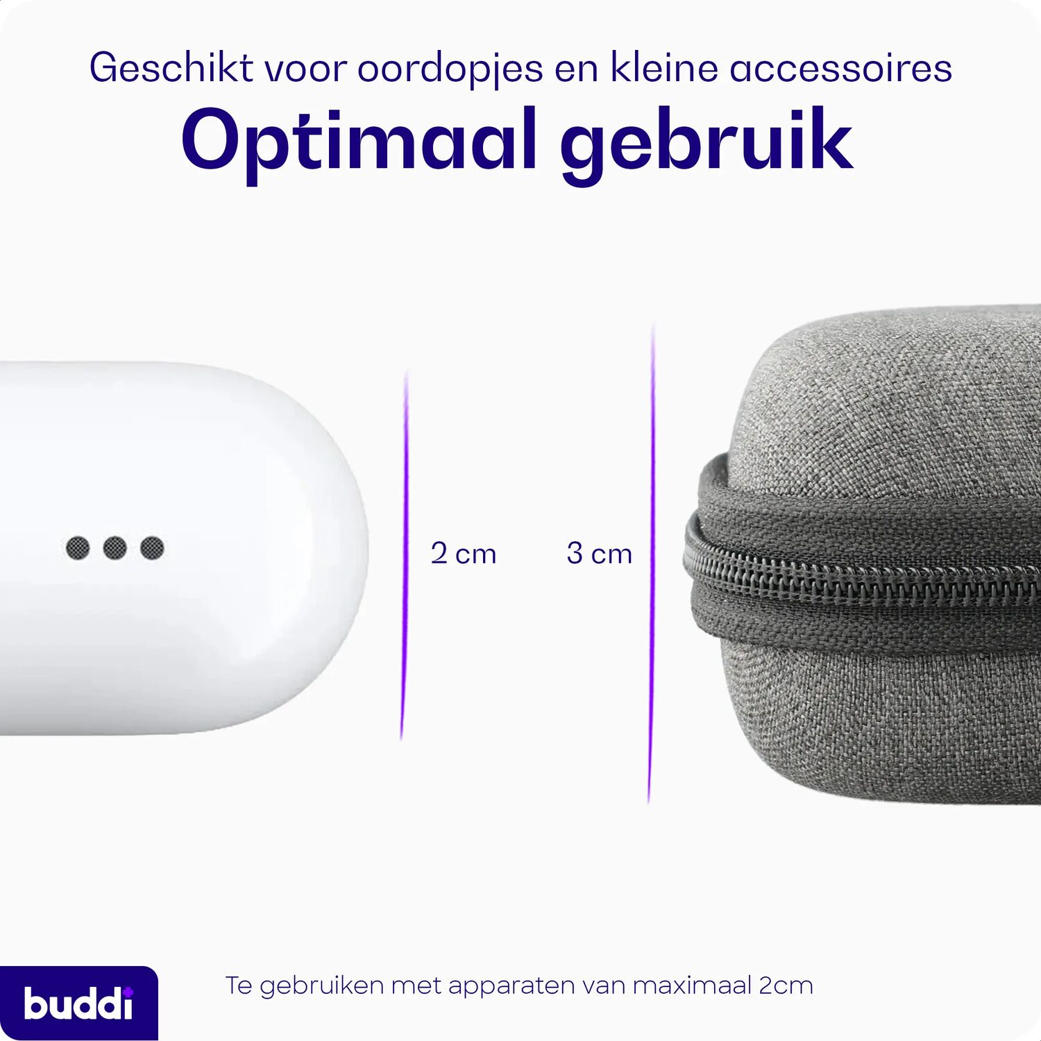 Wit en grijs hoesje voor oordopjes, met maatindicaties 2 cm en 3 cm.