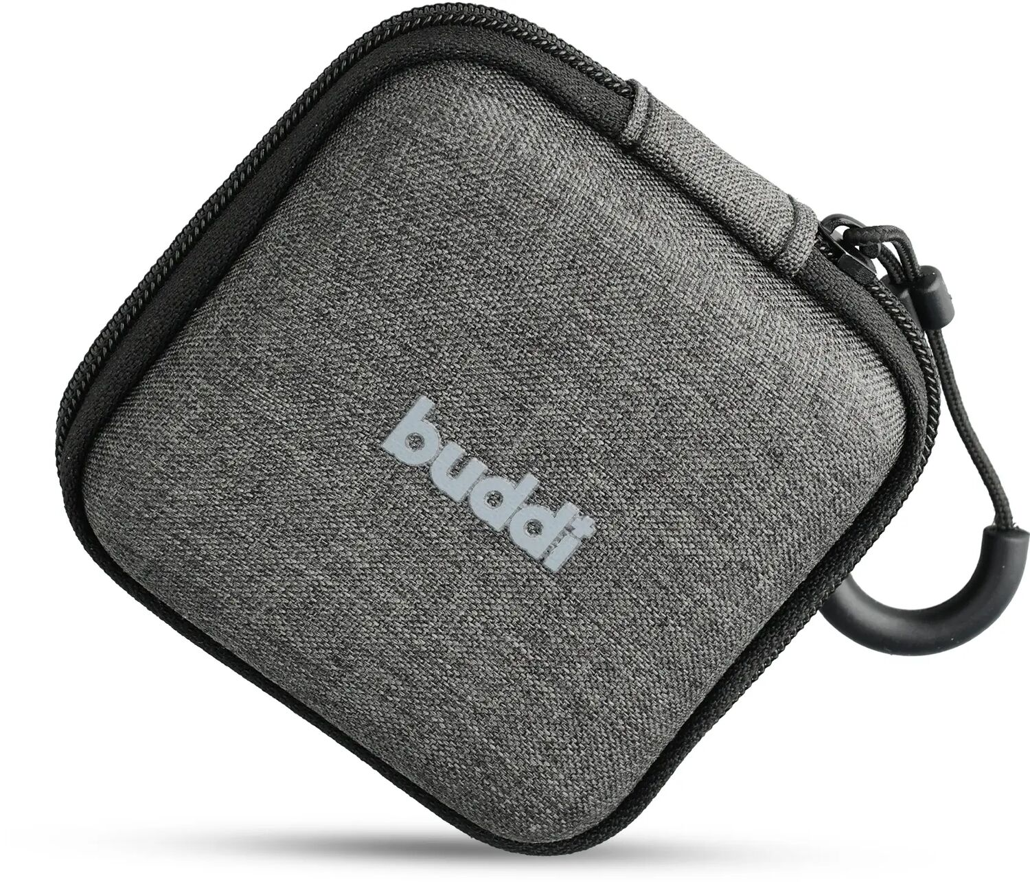 Grijze stoffen etui met rits en haak. "buddi" logo.