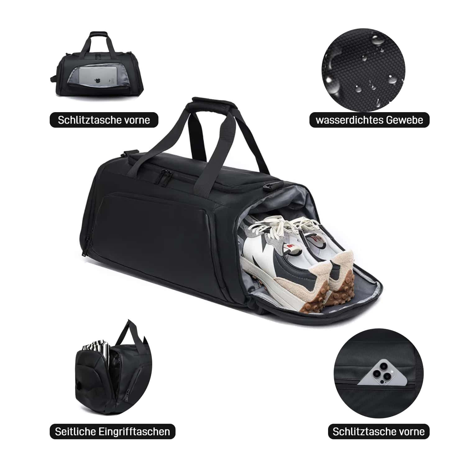 Schwarze Sporttasche mit Schuhen im Fach, Wasserdichtes Gewebe. Seitliche Eingrifftaschen.