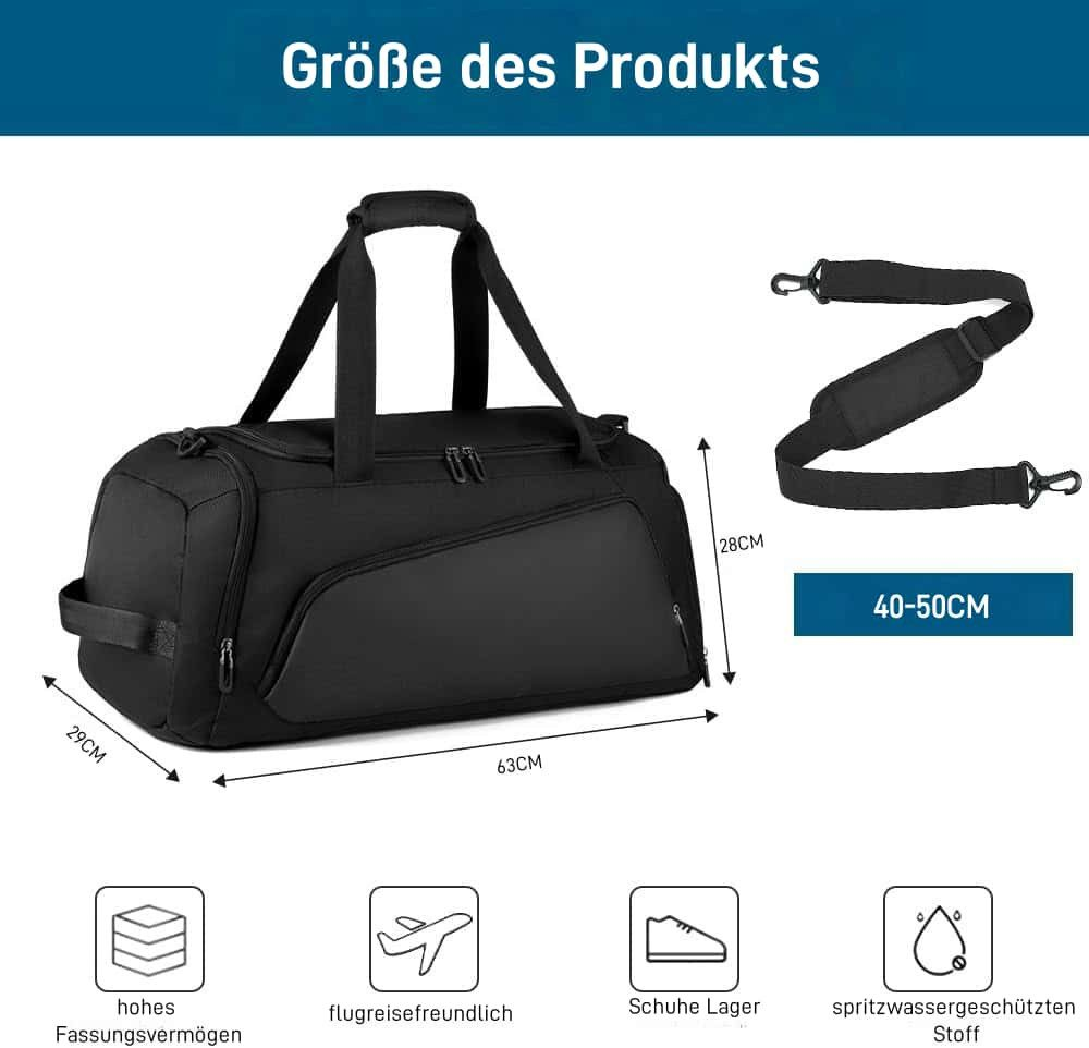 Schwarze Reisetasche mit Maßen 63x29x28cm, inkl. Schultergurt und Symbolen.