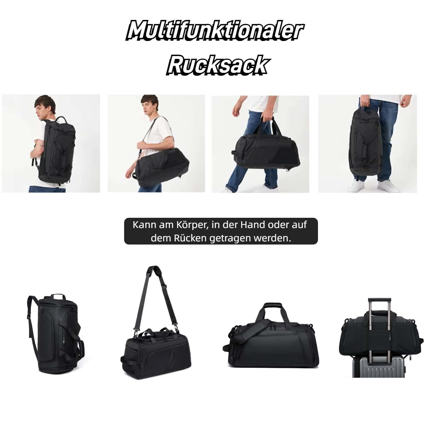 Mehrere schwarze Rucksäcke und Reisetaschen werden gezeigt.