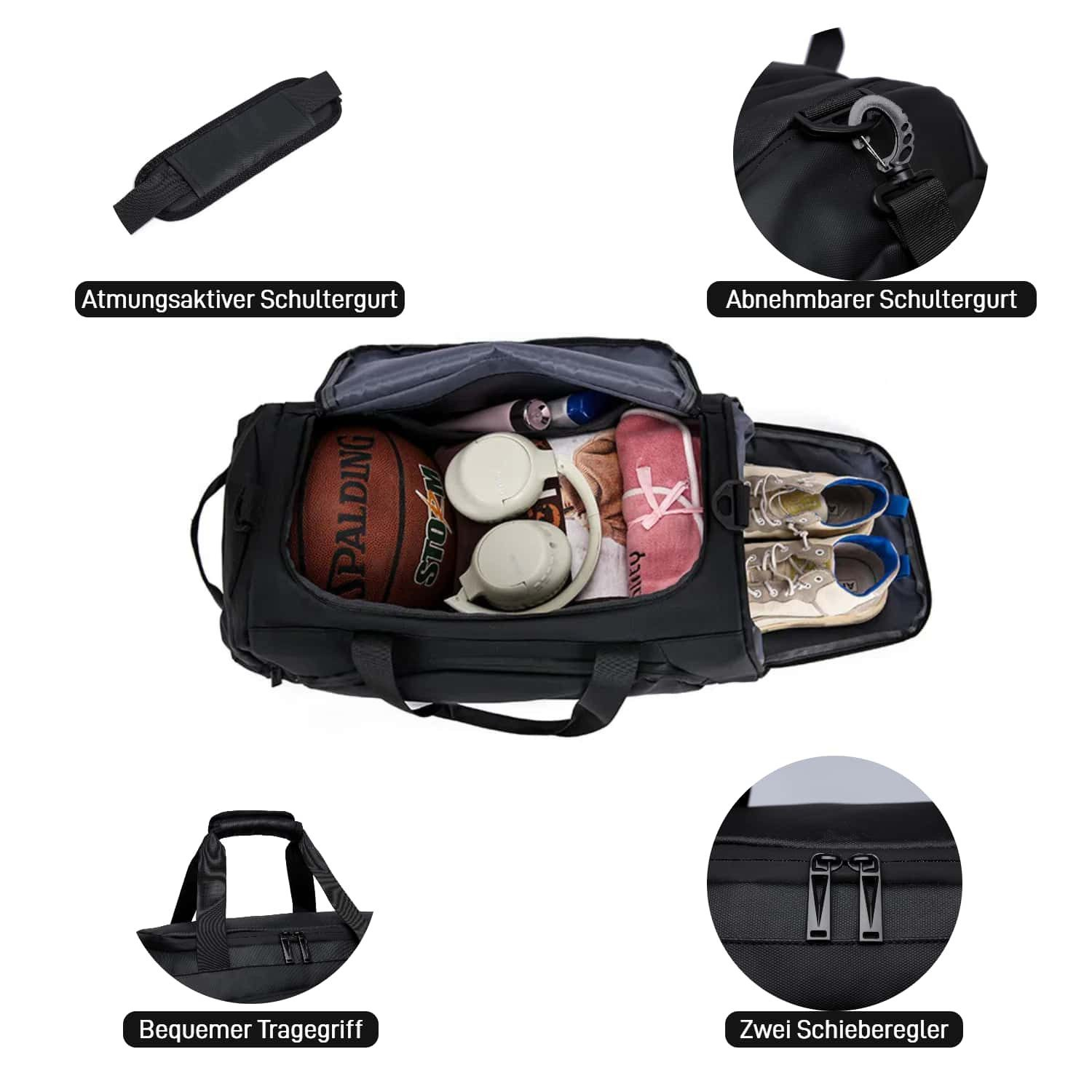 Schwarze Sporttasche mit Basketball, Kopfhörern, Handtuch, Schuhen und Zubehör.
