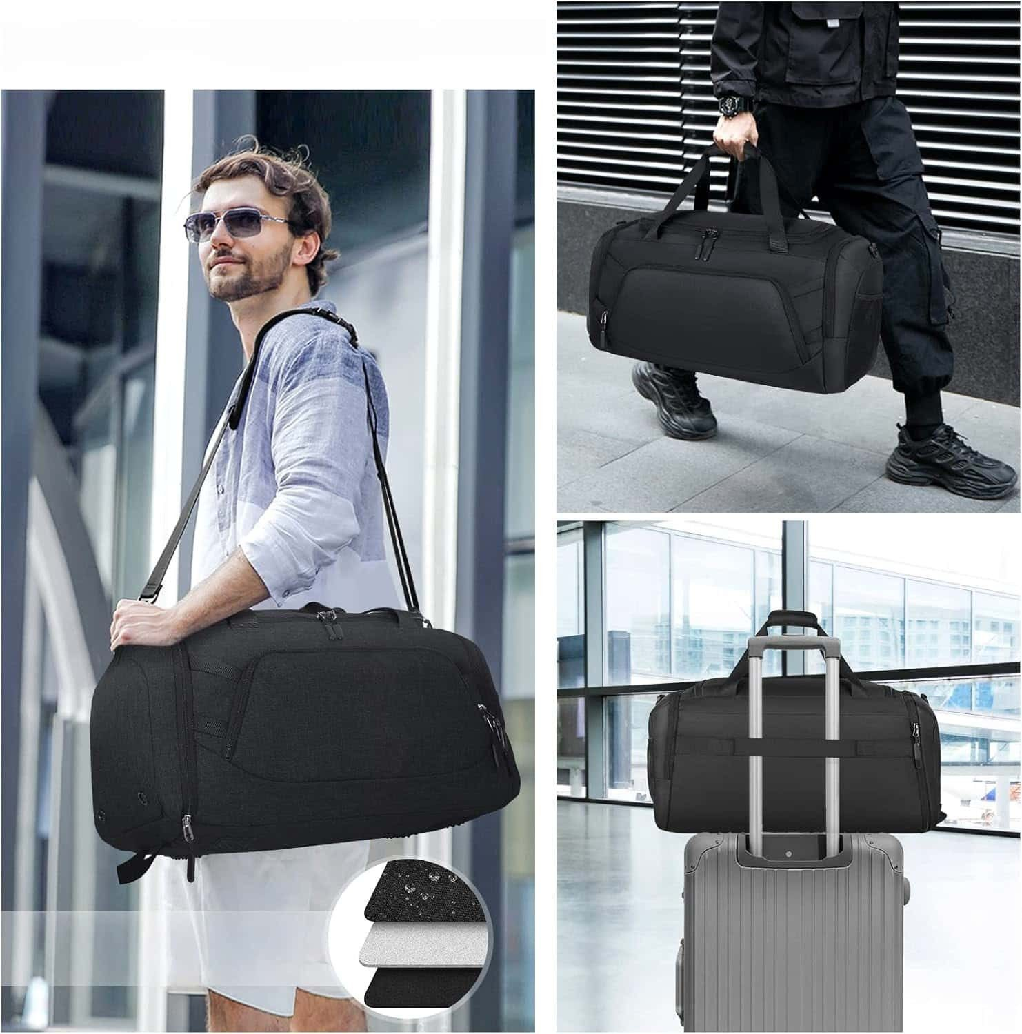 Ein Mann trägt eine schwarze Sporttasche über der Schulter. Eine andere Tasche wird gehalten.