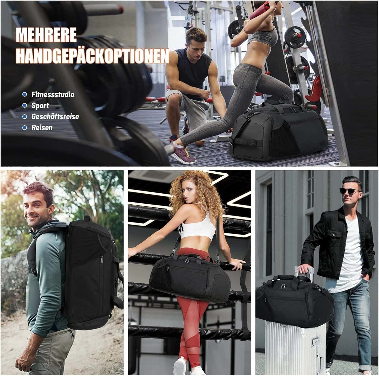 Collage zeigt schwarze Reisetaschen in verschiedenen Szenarien: Fitnessstudio, Wandern, Reisen.