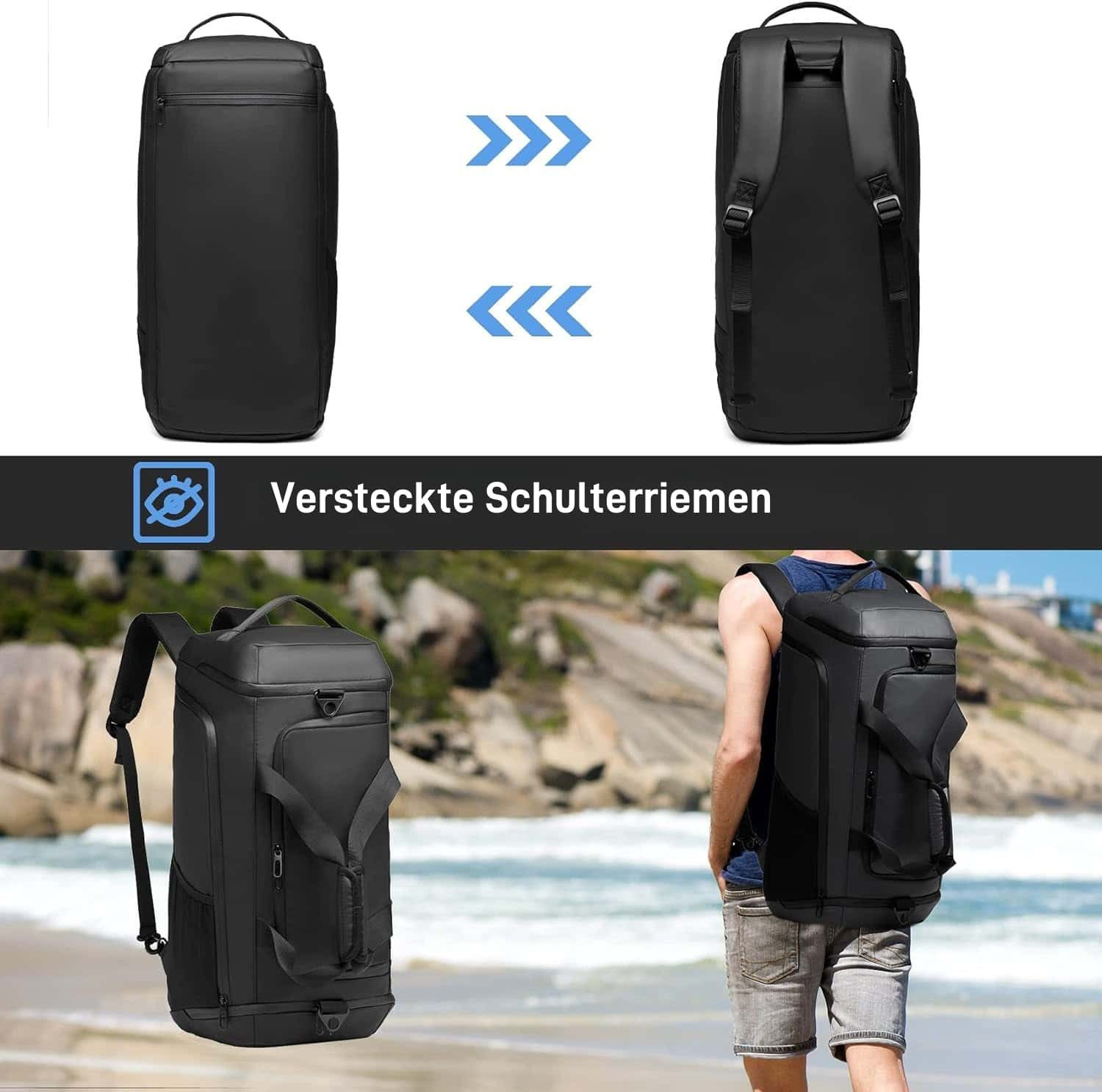 Schwarzer Rucksack auf einem Strand mit Meer im Hintergrund.