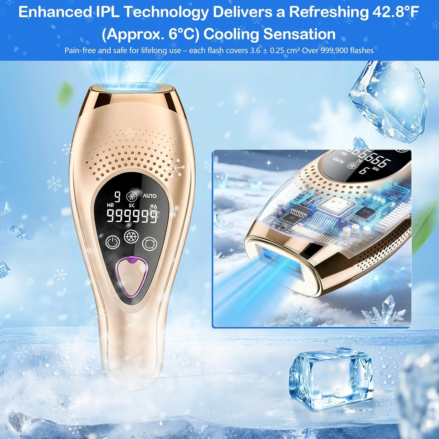 Ein goldener IPL-Haarentferner mit blauem Lichtstrahl und digitalen Anzeigen, umgeben von Eiswürfeln.