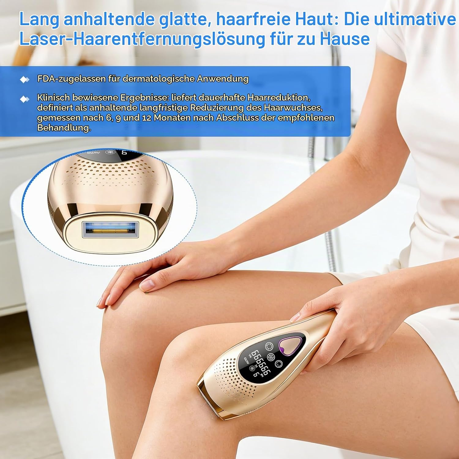 Goldene Laser-Haarentfernungsgerät wird auf einem Bein gehalten. FDA-zugelassen.