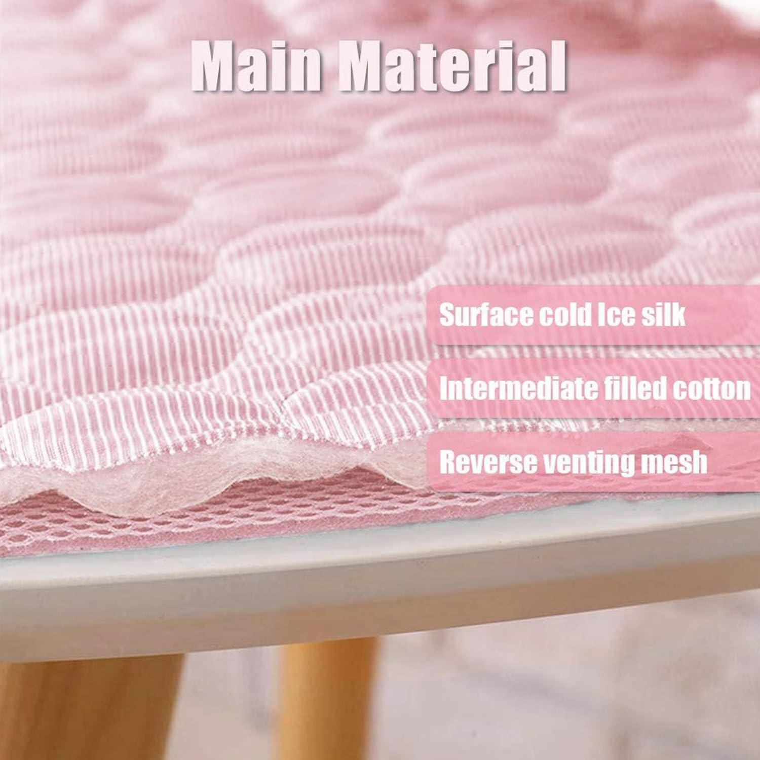Rosa gesteppte Decke mit Text: Hauptmaterial, Kalt-Eisseiden-Oberfläche, gefüllte Baumwolle, Lüftungsgitter.
