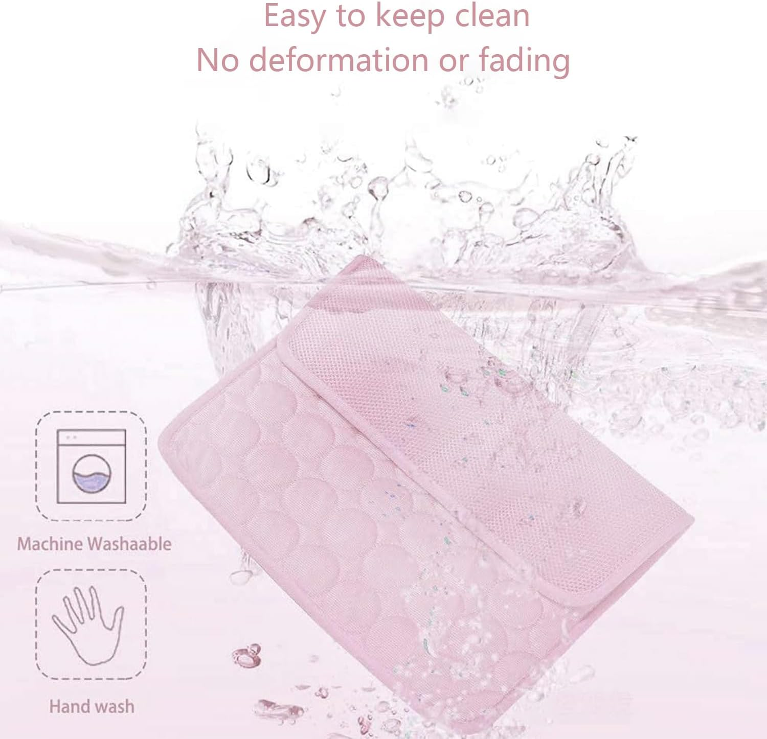 Rosa Matte mit Wasserspritzern, zeigt Maschinenwasch- und Handwaschsymbole.