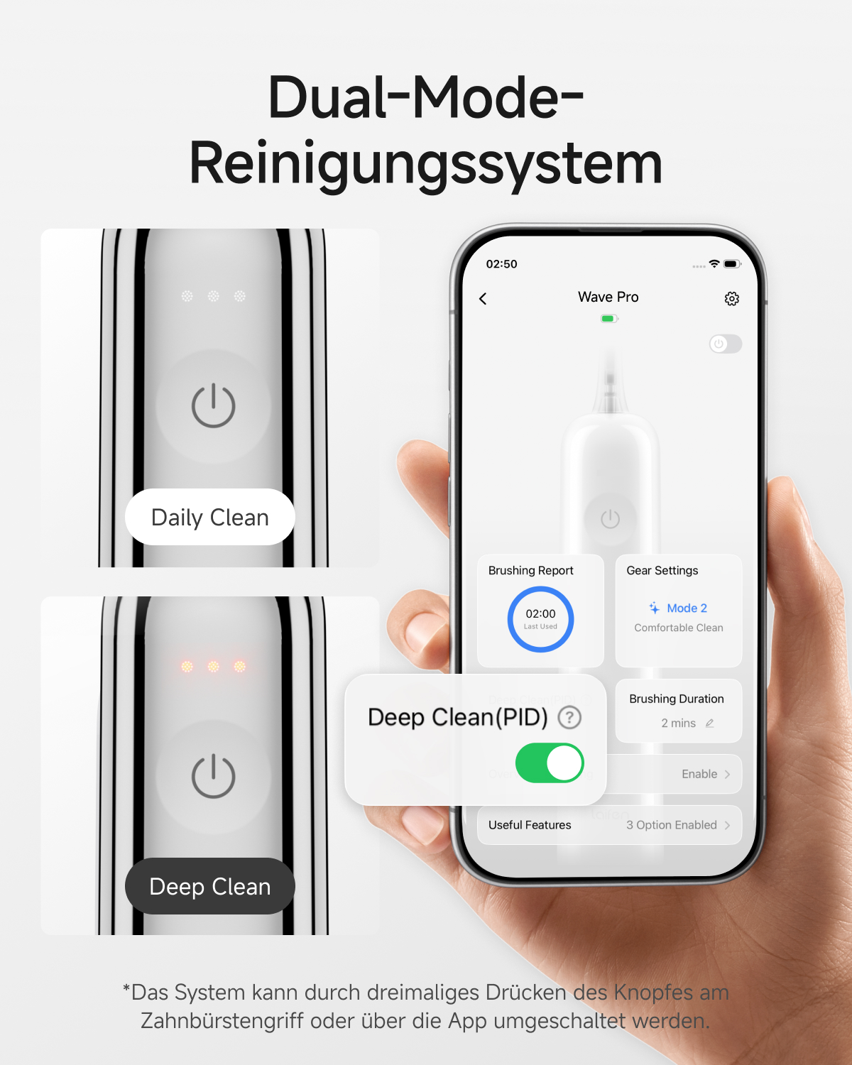 Zwei elektrische Zahnbürstenmodi: Daily Clean und Deep Clean. App zeigt Einstellungen.