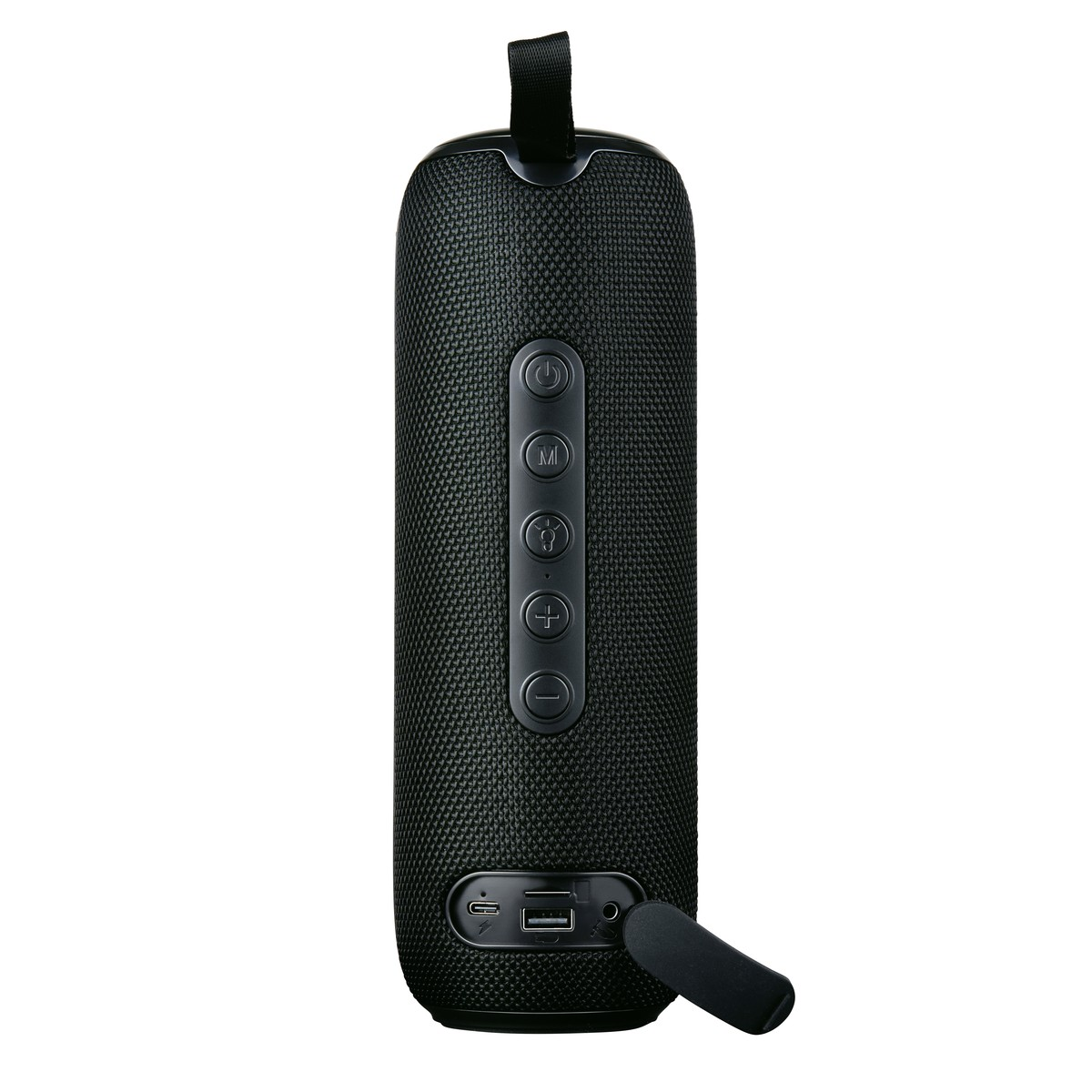 Black portable speaker with buttons and USB port. White background.