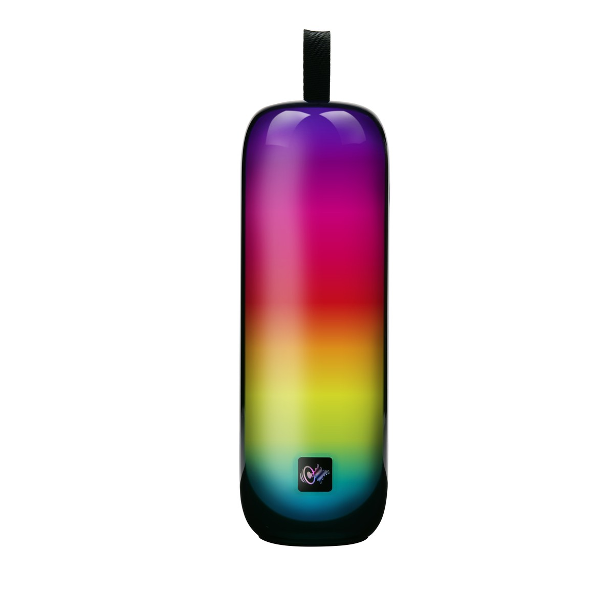 Cylindrical speaker with a purple to blue color gradient and a carrying strap at the top.