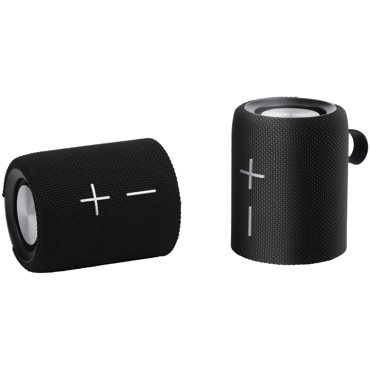 Twee zwarte Bluetooth-luidsprekers met witte plus- en mintekens.